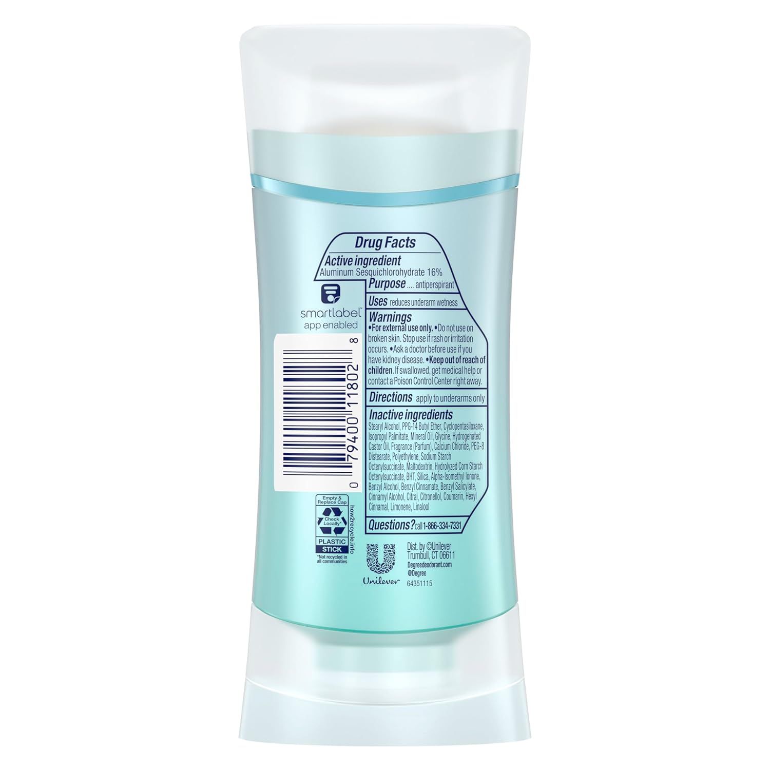 Shows the back of the deodorant stick with drug facts, ingredients, barcode, and regulatory information for shopper reference.