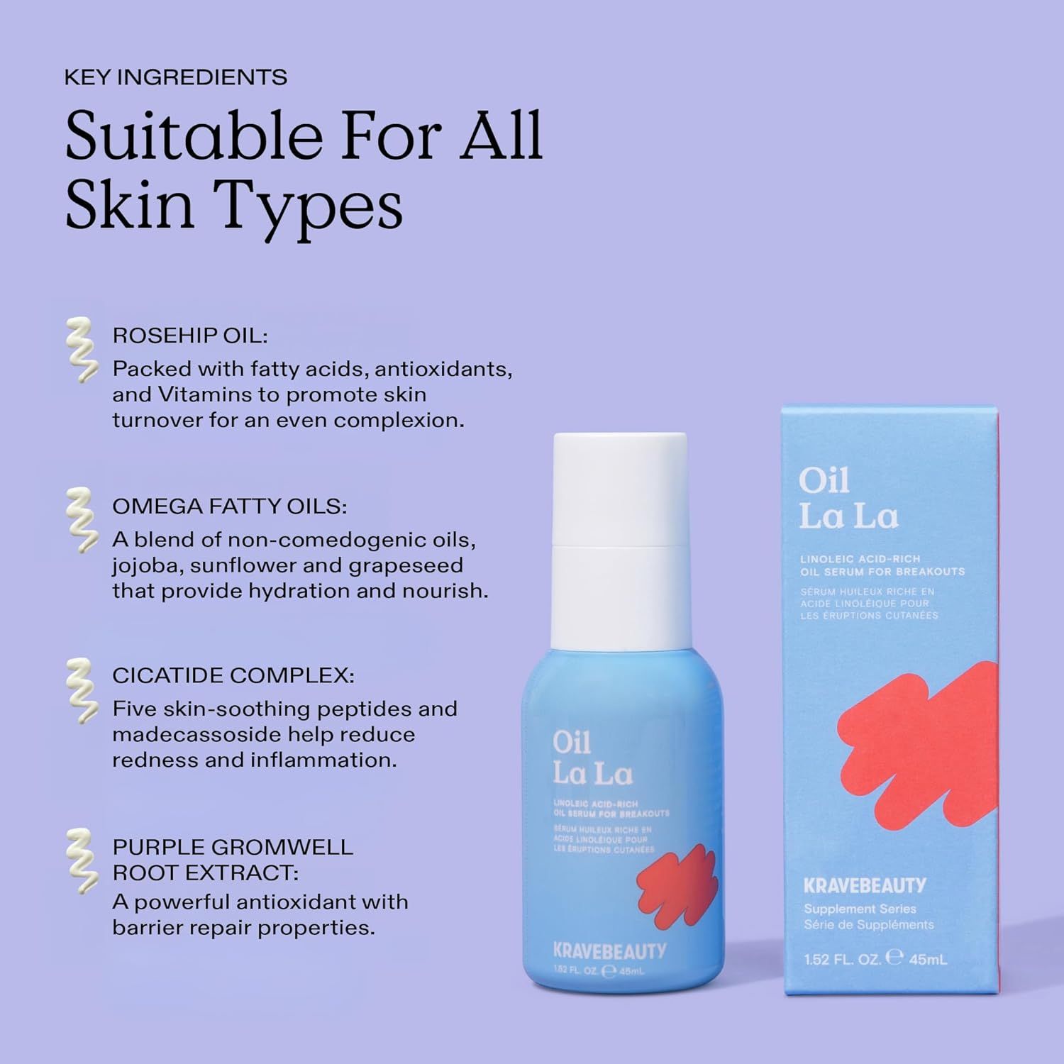 Communicates multiple key ingredients and their specific benefits to reassure shoppers about the product's comprehensive skincare formulation suitable for all skin types.
