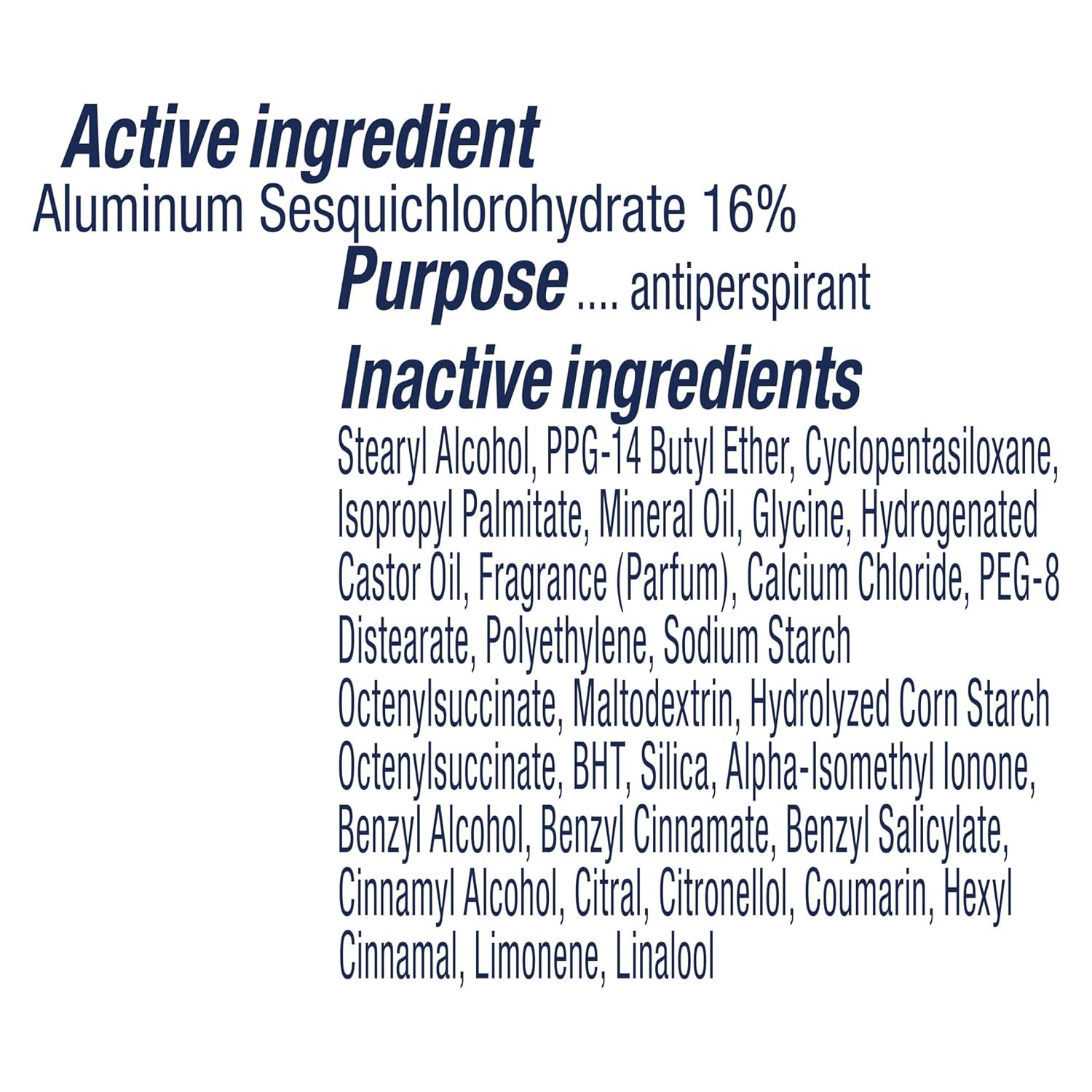 Provides detailed ingredient transparency by breaking down the active ingredient, its purpose as an antiperspirant, and the full list of inactive ingredients to inform shoppers about product…