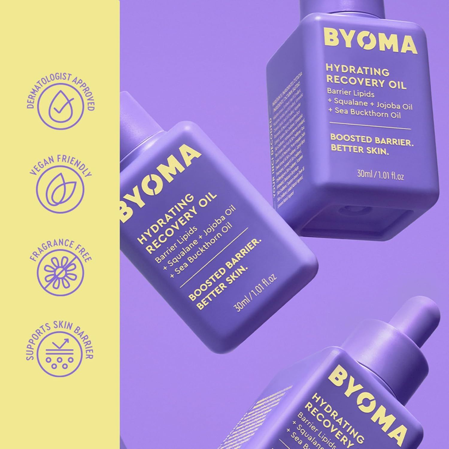 Communicates multiple product benefits and certifications in a segmented layout to reassure shoppers about the product's safety, quality, and suitability for sensitive skin.