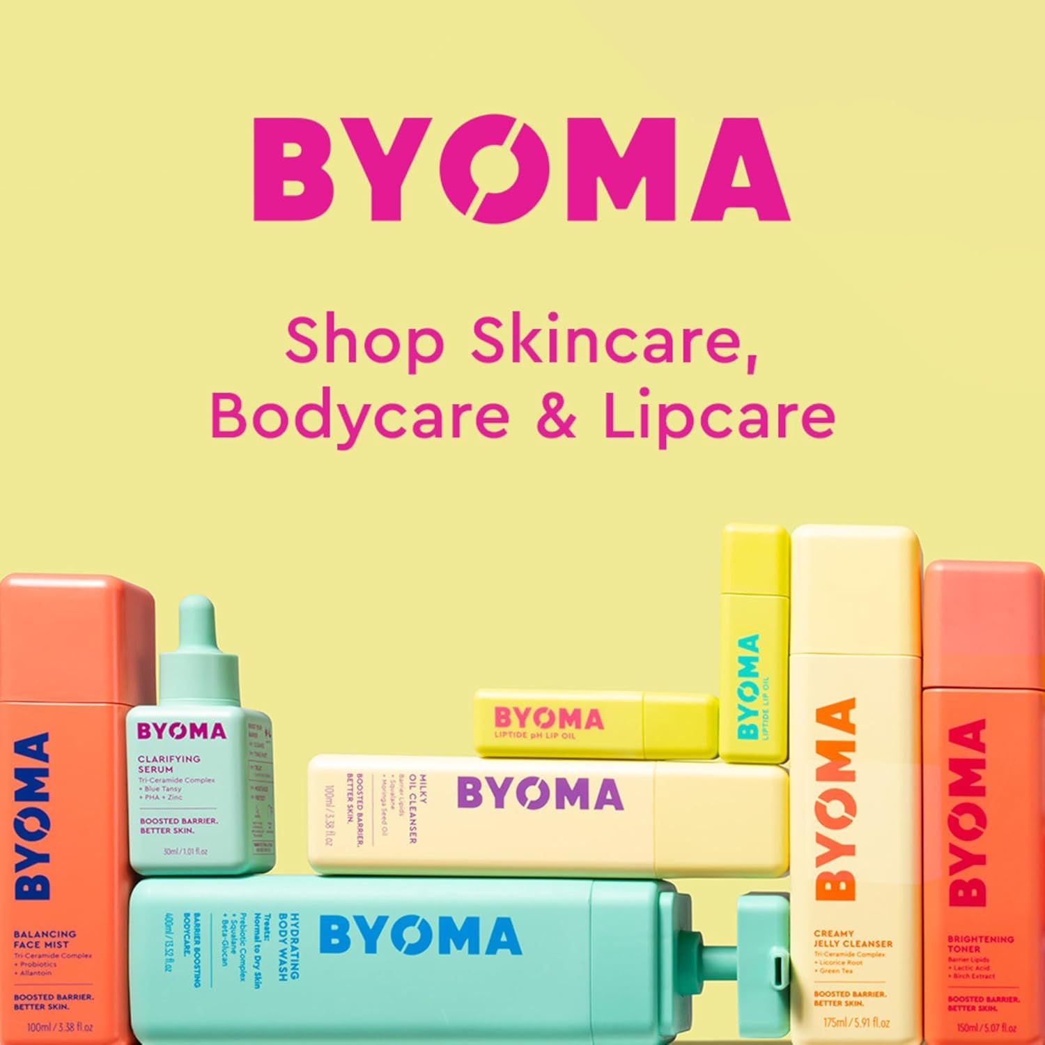 Showcases the BYOMA brand's product portfolio across skincare, bodycare, and lipcare categories to introduce shoppers to the brand's range and establish brand recognition.