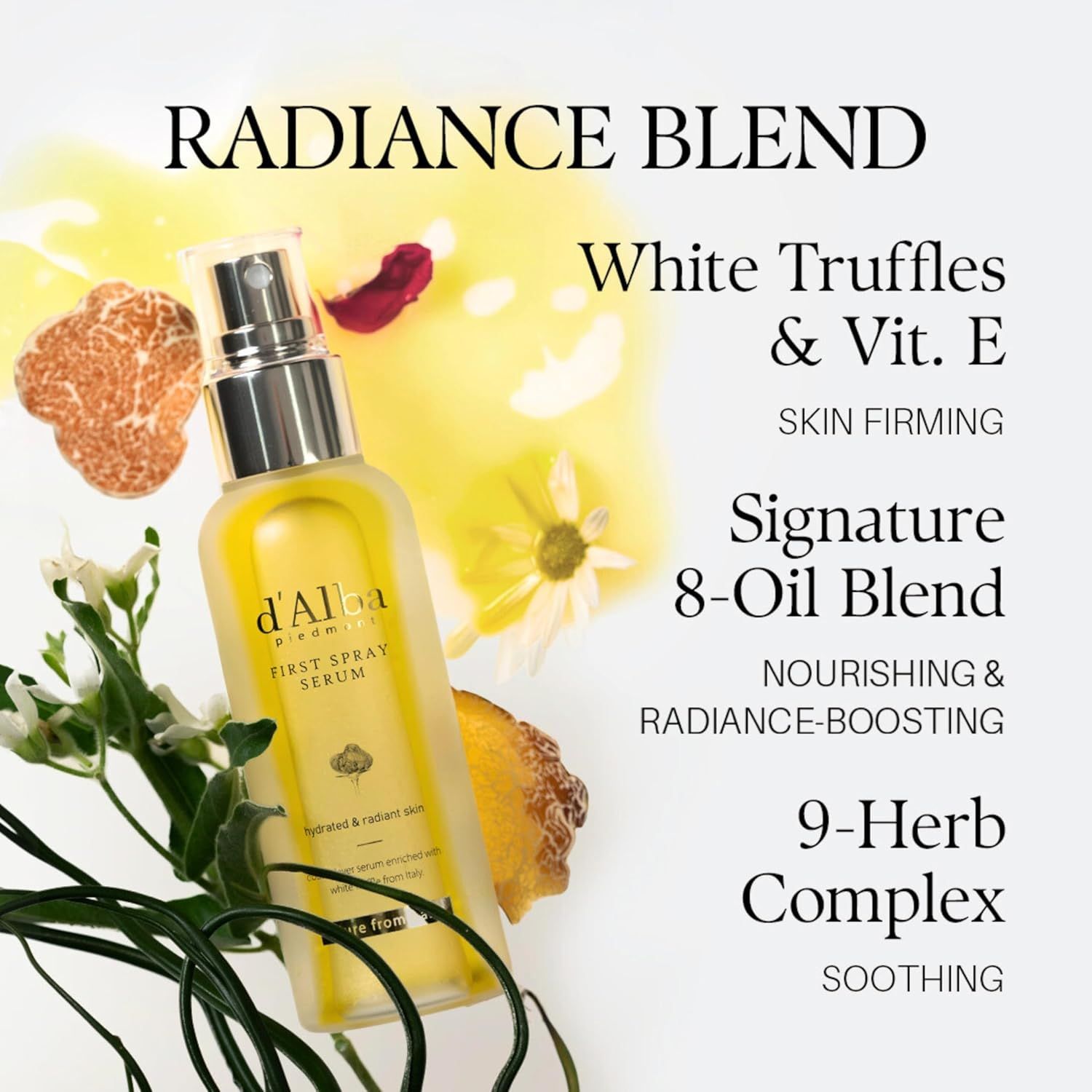 Communicates multiple distinct product benefits in a segmented text layout, highlighting the premium ingredients, skin firming properties, oil blend composition, nourishing effects, and soothing…