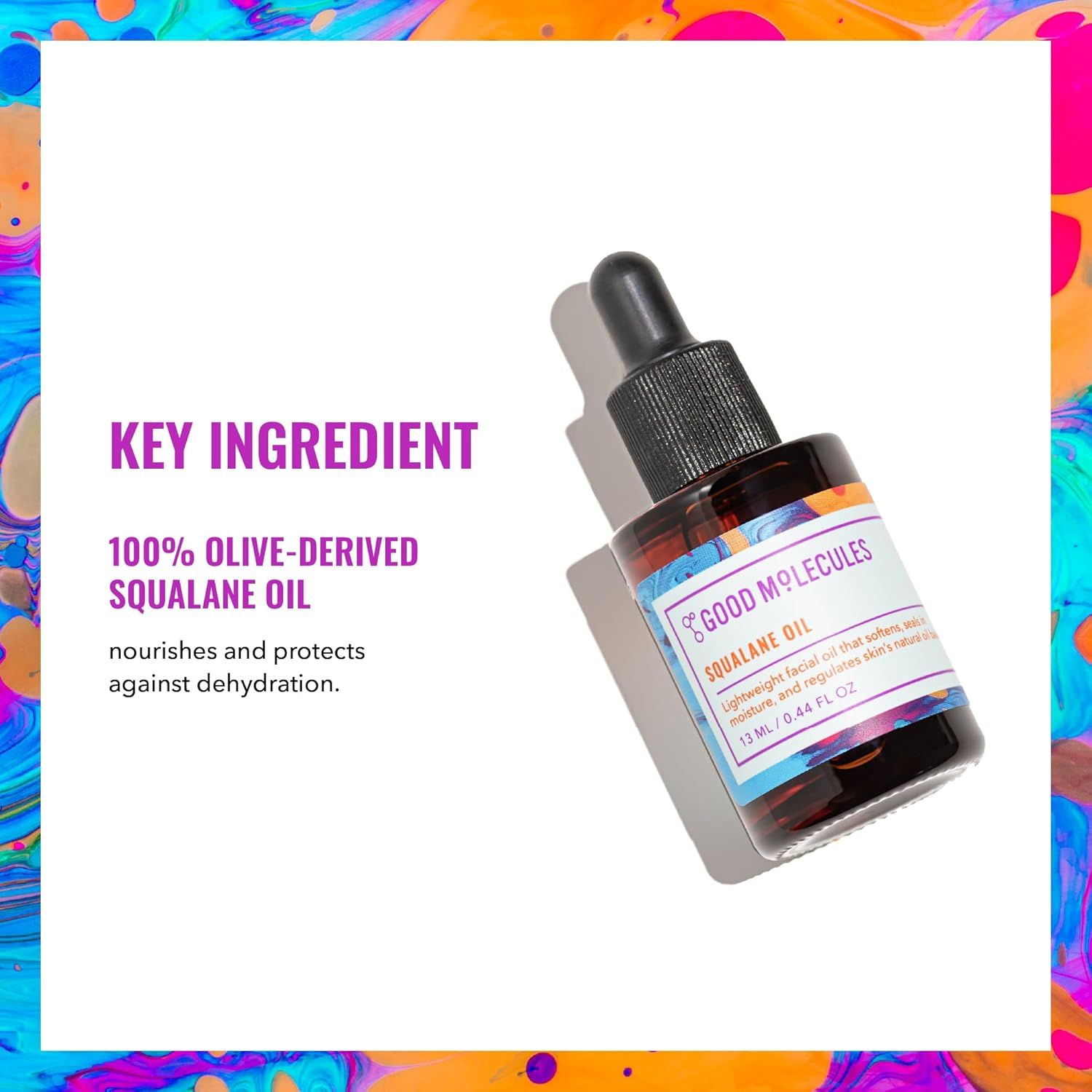 Highlights the key ingredient (100% olive-derived squalane oil) and its primary benefit of nourishing and protecting against dehydration to reassure shoppers of the product's natural formulation and…