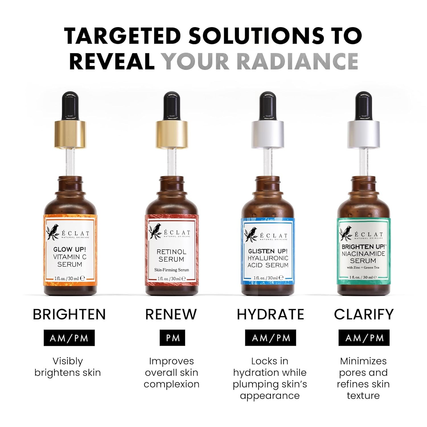 Displays the brand's serum product line to help shoppers understand the different options available and choose the right serum for their specific skincare needs.