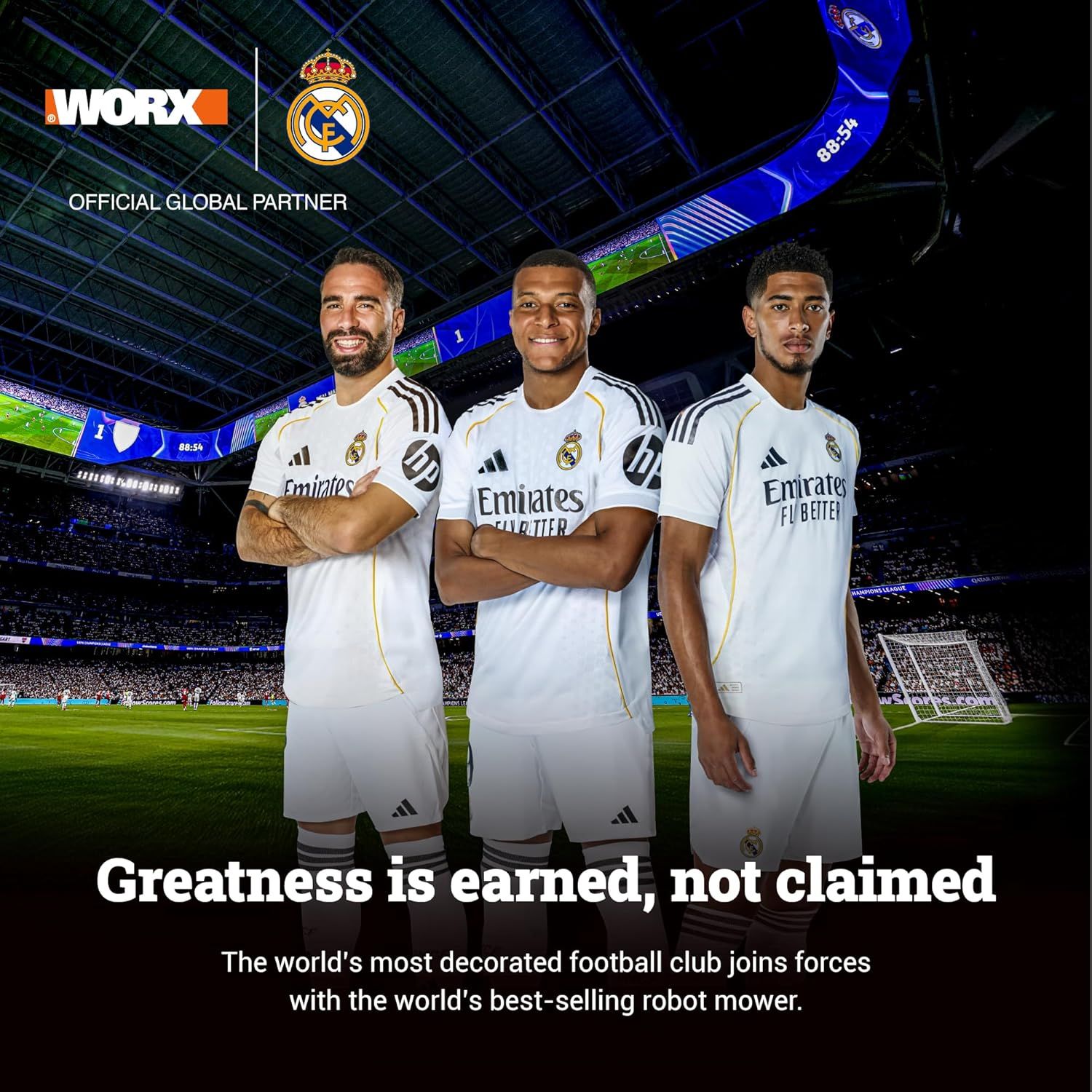 Communicates the official partnership between WORX and Real Madrid, leveraging the football club's prestige and heritage to build brand credibility and…