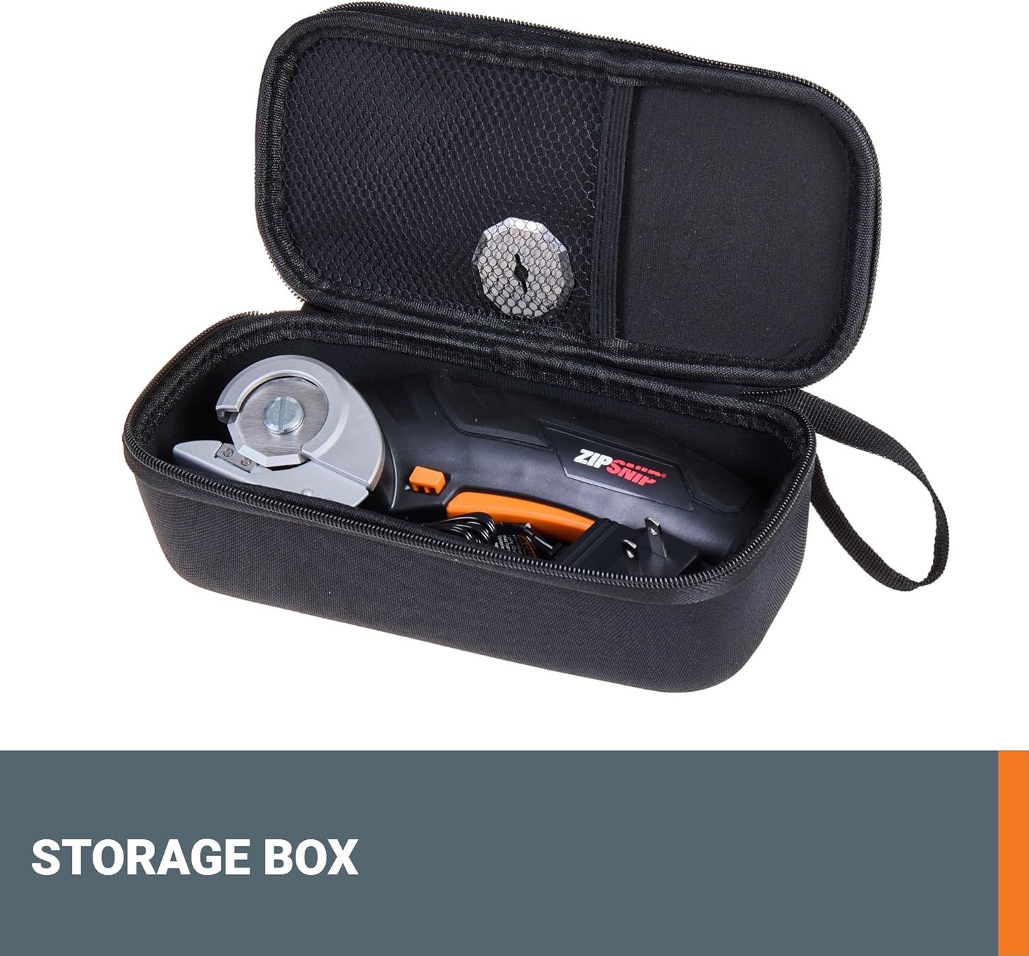 Shows the protective storage case that comes with the product, demonstrating how the tool and accessories are organized and protected for portability and…