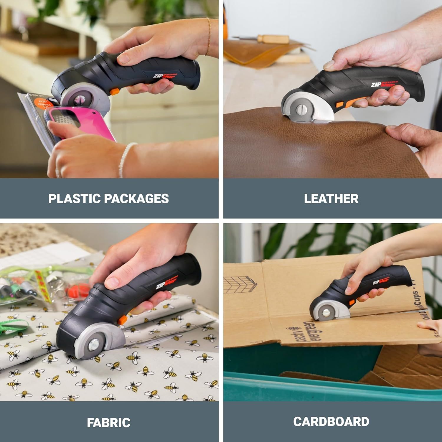 Demonstrates the product's versatility by showing it can cut through multiple different materials including plastic packages, leather, fabric, and cardboard,…