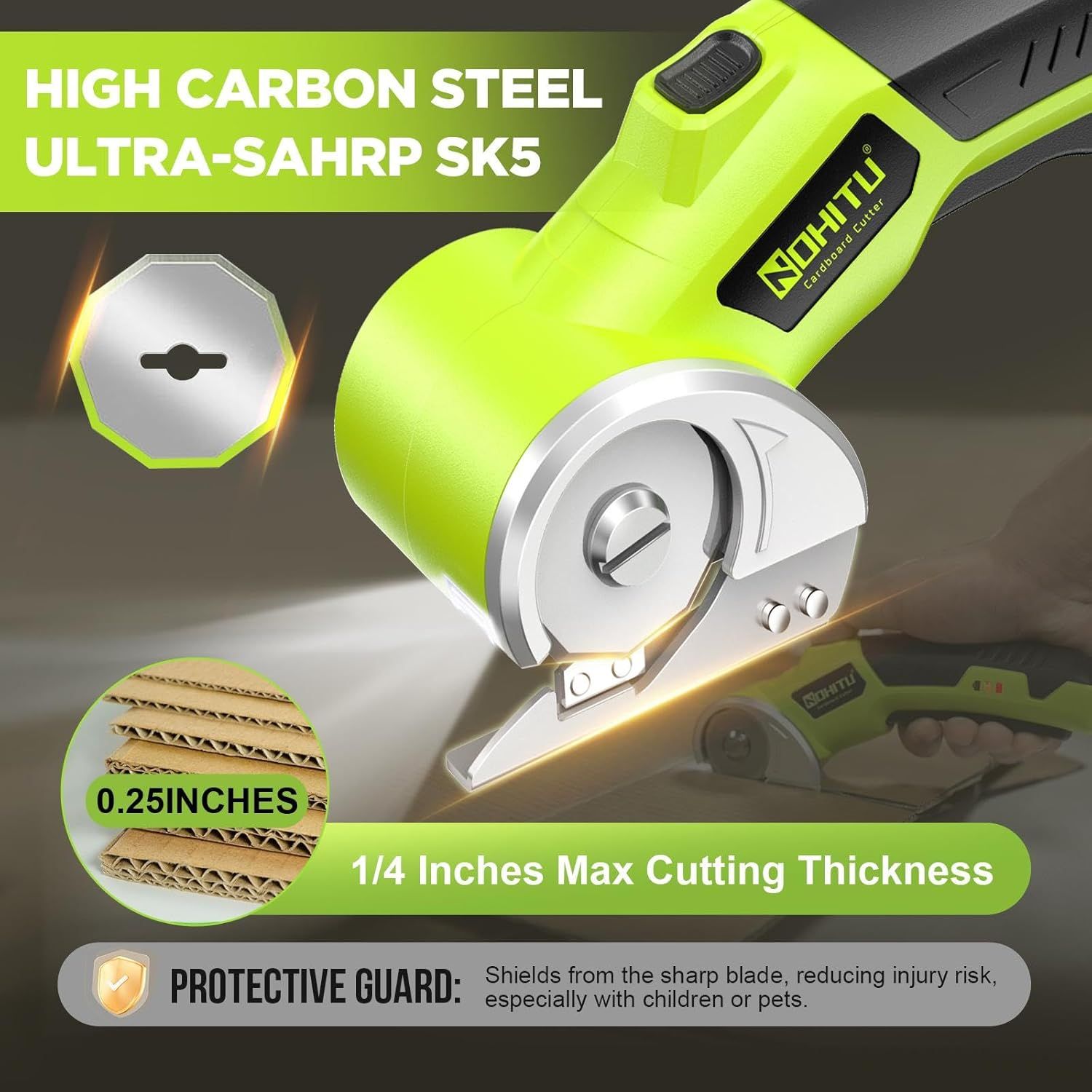Communicates multiple key product benefits including blade material quality, cutting capacity specifications, and safety features to reassure shoppers of the…