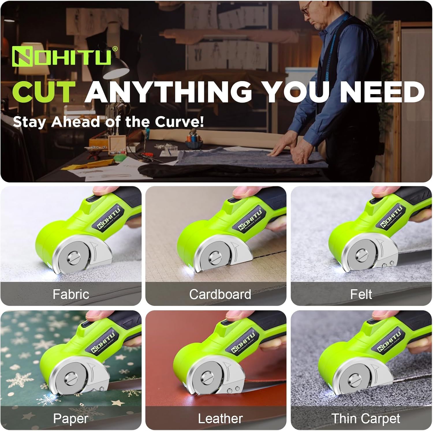 Demonstrates the product's versatility by showing it can cut multiple different materials (fabric, cardboard, felt, paper, leather, thin carpet), reassuring…