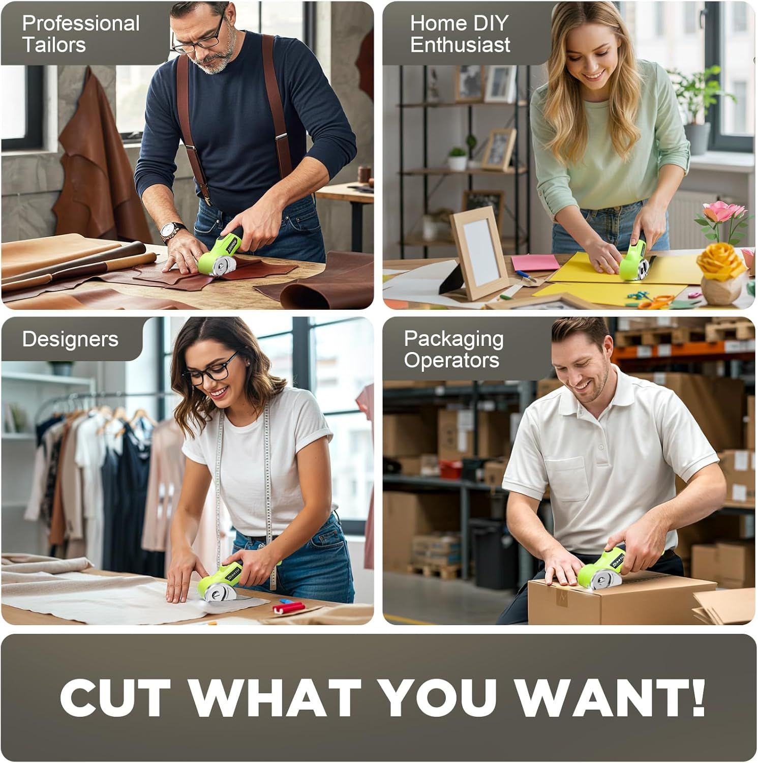 Demonstrates the versatility of the product by showing it being used across four different user types and environments, reassuring shoppers that the product…