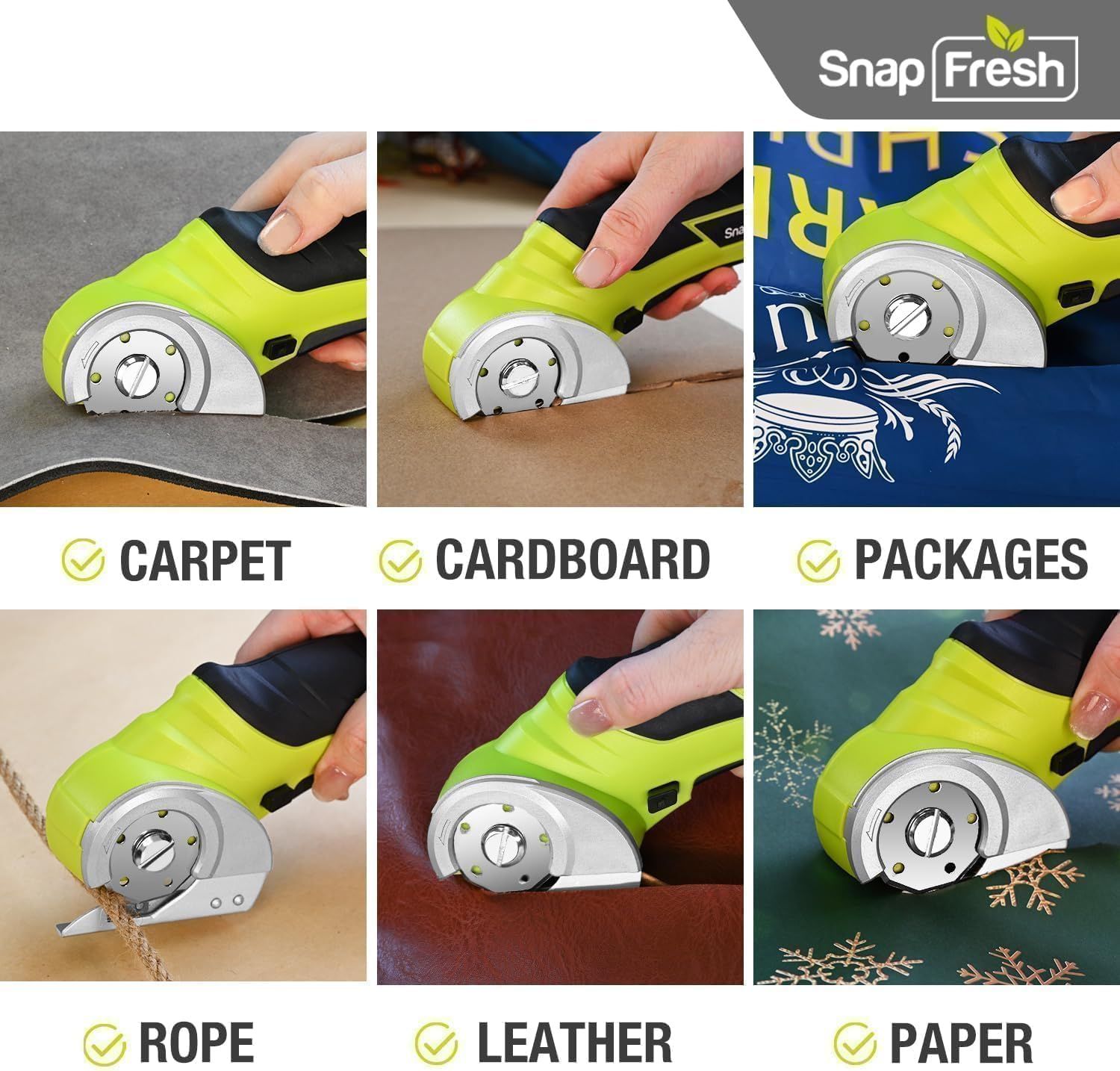 Demonstrates the product's versatility by showing it can cut through six different materials, reassuring shoppers that this tool works across multiple use…
