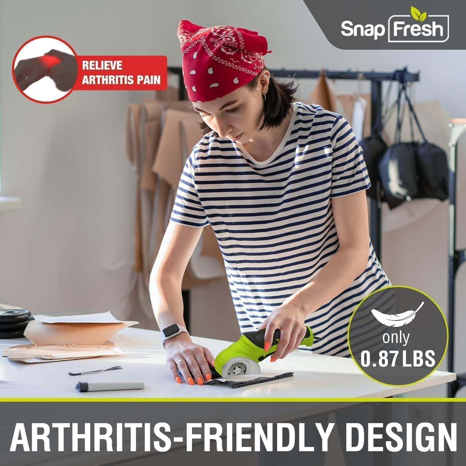 Communicates that the product is designed for users with arthritis, emphasizing its lightweight construction (0.87 lbs) and ergonomic design to reduce hand…