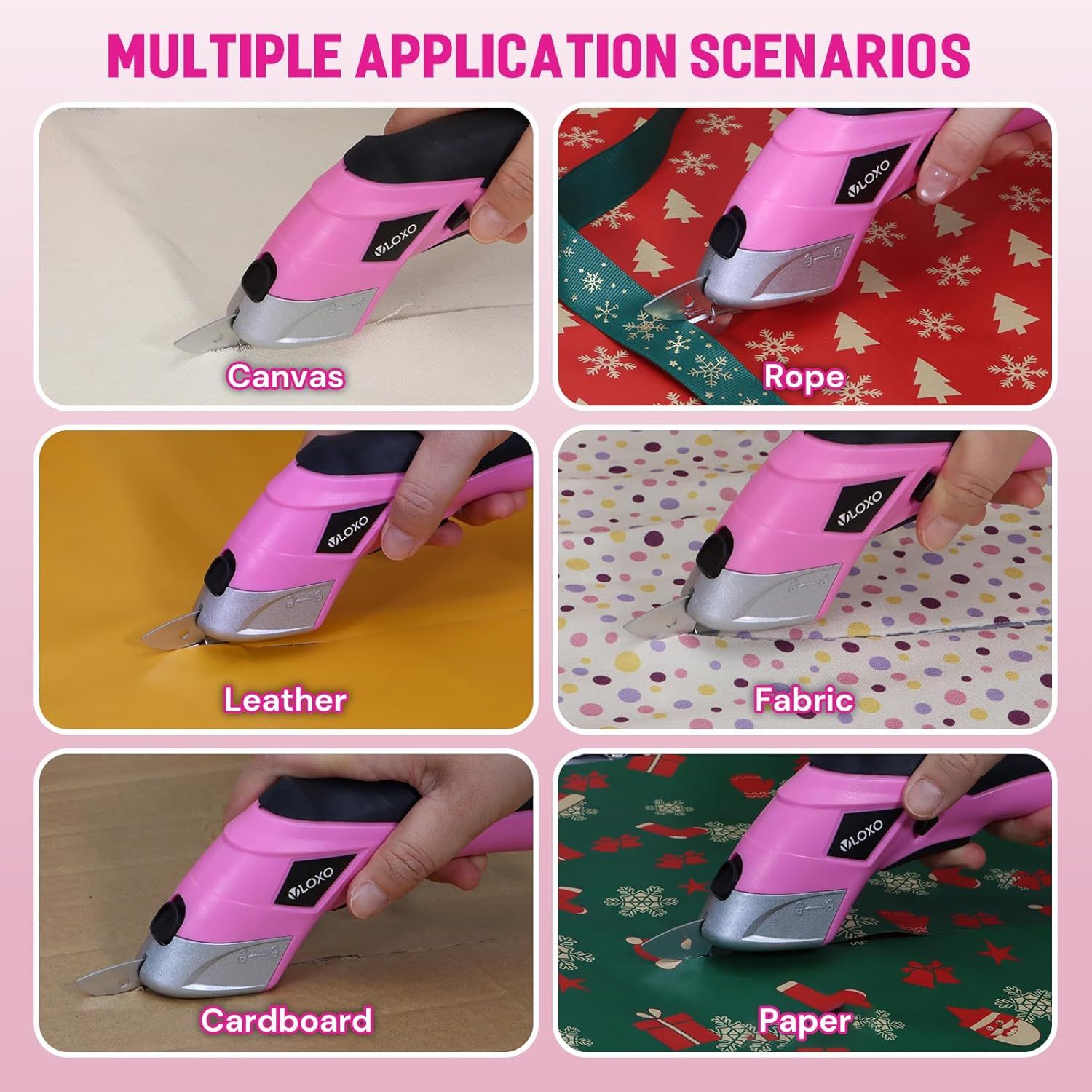 Demonstrates the product's versatility by showing it can cut through six different materials (canvas, rope, leather, fabric, cardboard, and paper), reassuring…