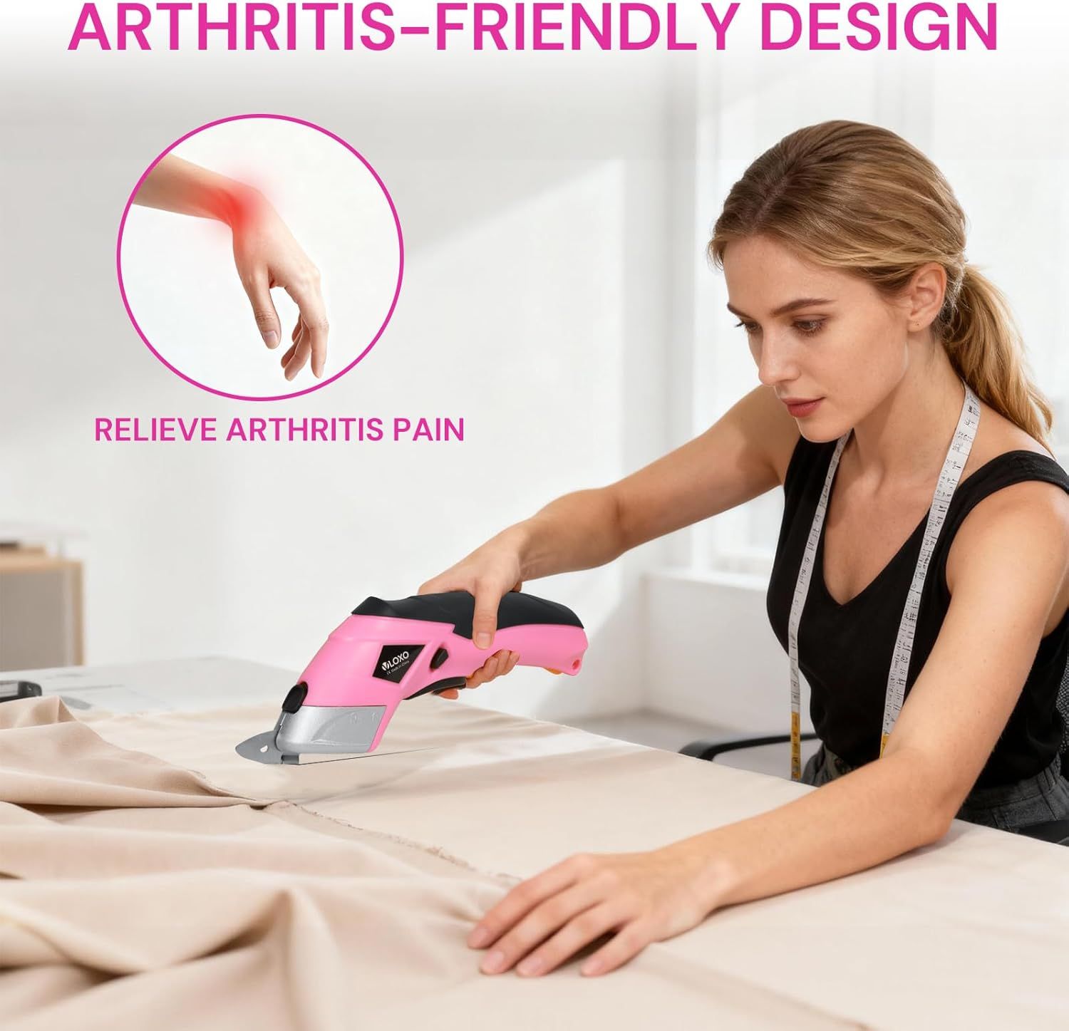 Communicates that the product features an ergonomic, arthritis-friendly design that relieves hand pain and makes the tool comfortable to use for people with…