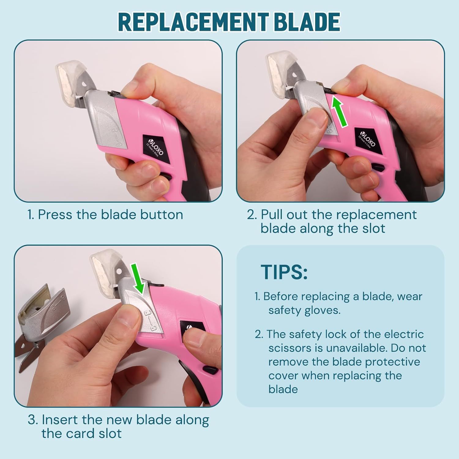 This image provides step-by-step instructions on how to safely replace the blade on the electric scissors, reassuring shoppers that maintenance is simple and…