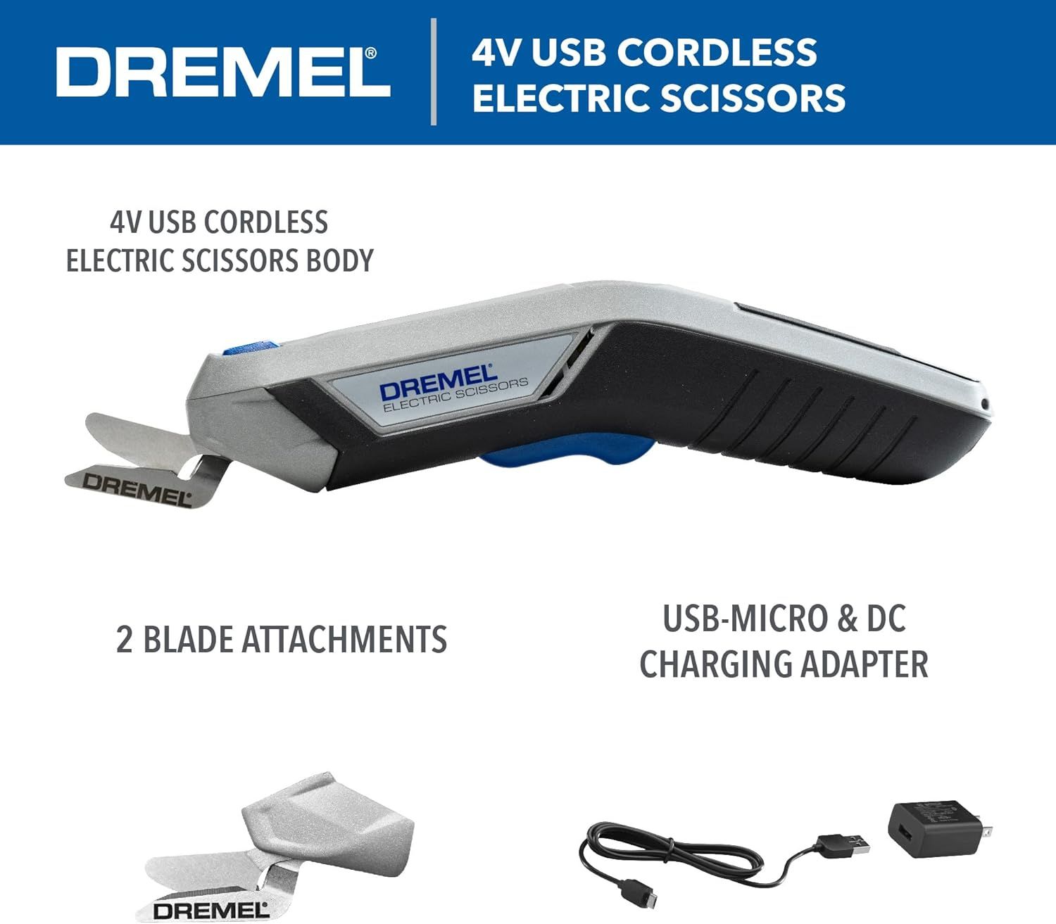 Shows the customer everything included in the package: the cordless electric scissors body, 2 blade attachments, and USB-Micro & DC charging adapter to…