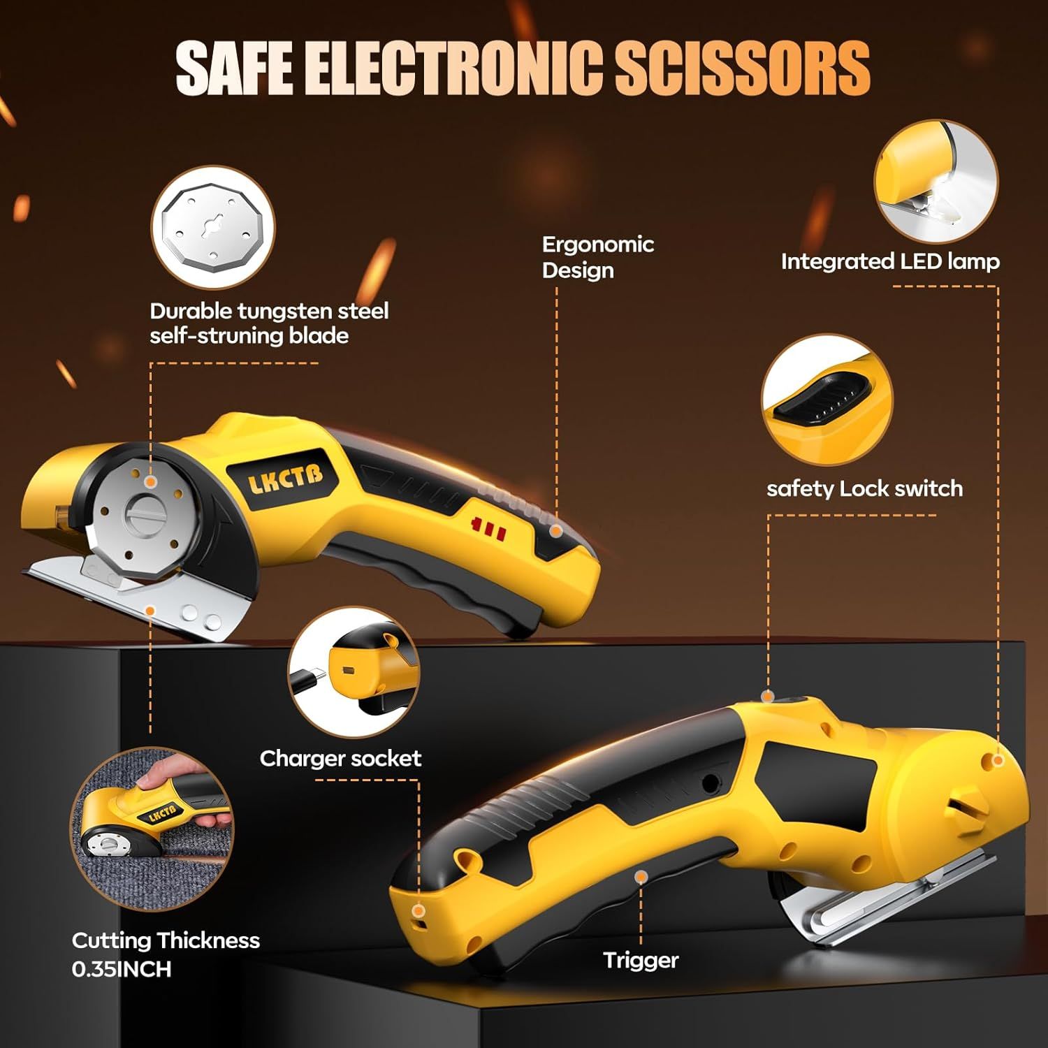 This image breaks down the electronic scissors by labeling and highlighting its key physical components and features, helping shoppers understand the…