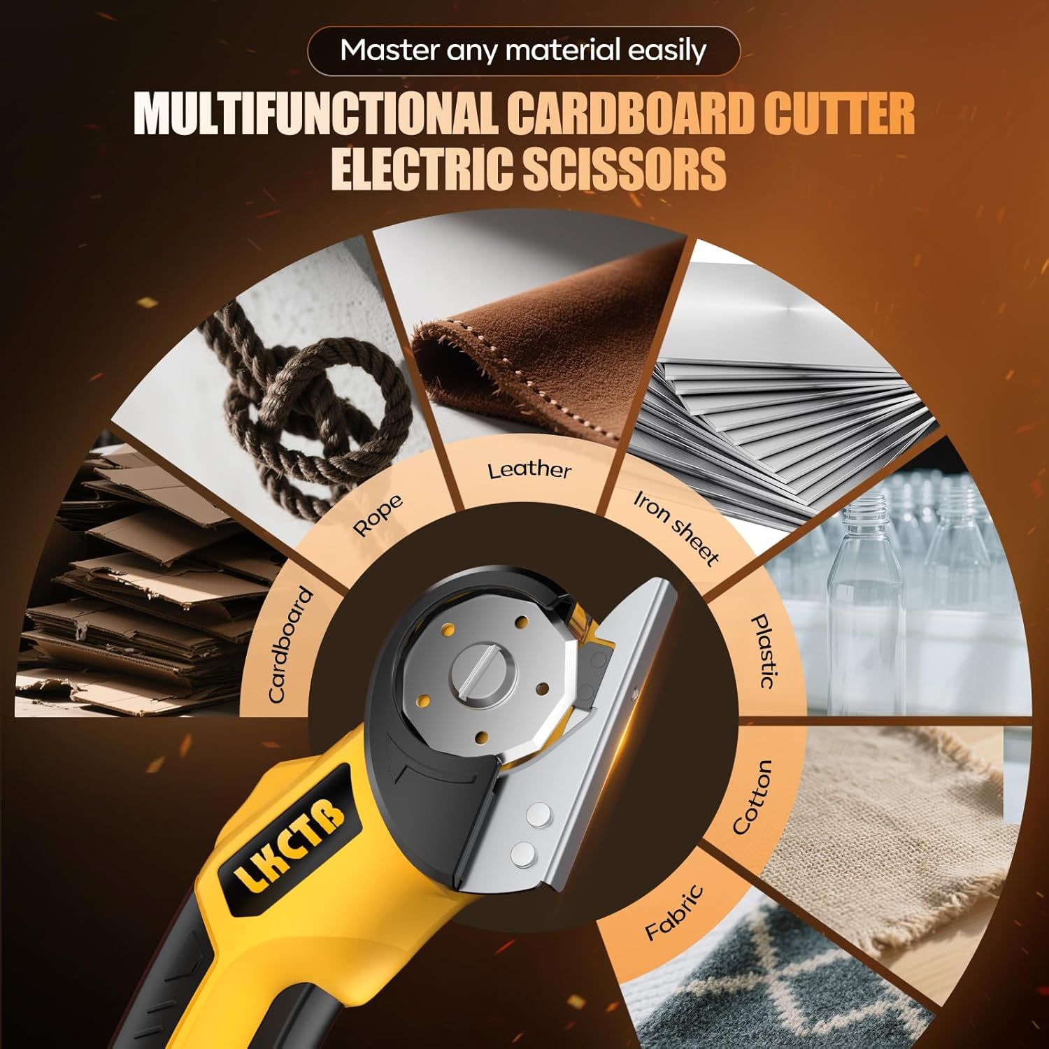 Demonstrates the electric scissors' versatility by showing multiple materials it can cut, reassuring shoppers that this single tool can handle diverse cutting…