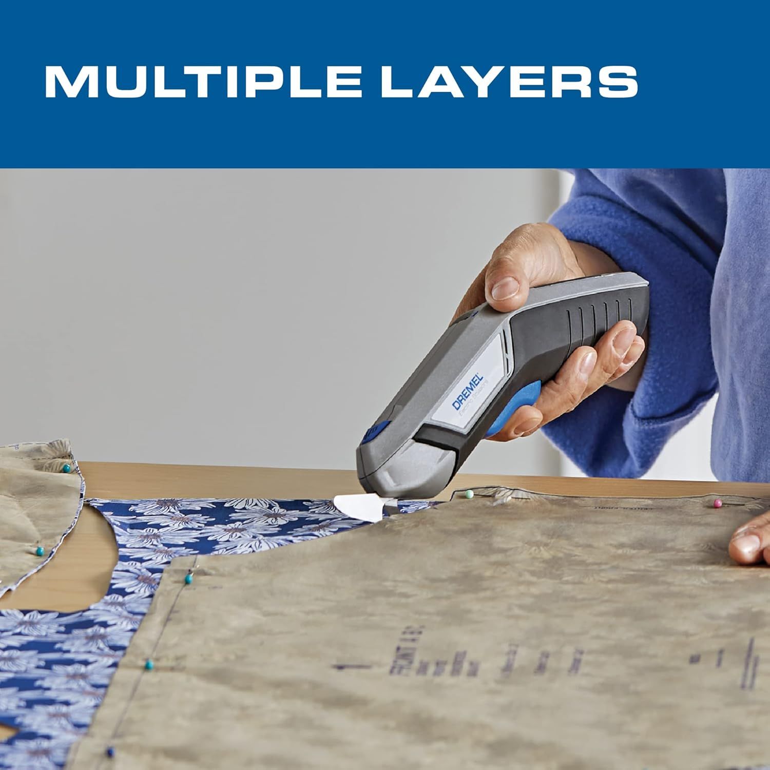 Demonstrates the product's ability to cut through multiple layers of fabric simultaneously, reassuring crafters and sewers that the tool can handle complex…