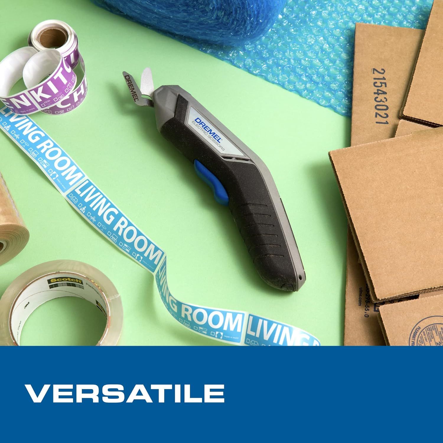 Demonstrates the product's versatility by showing it in a context with various materials (bubble wrap, tape, cardboard boxes), suggesting it can be used for…