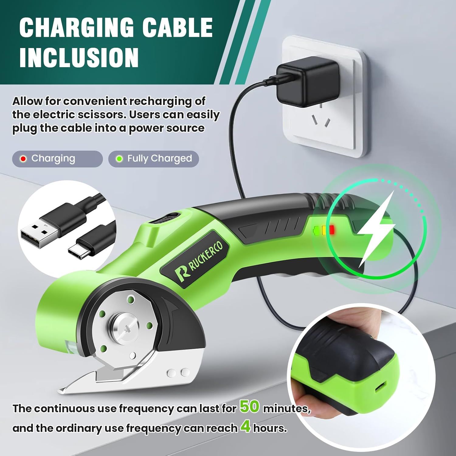 Communicates that the electric scissors come with a charging cable for convenient recharging, showing the USB cable, charging indicators, and battery life specifications. Highlights the quantifiable…