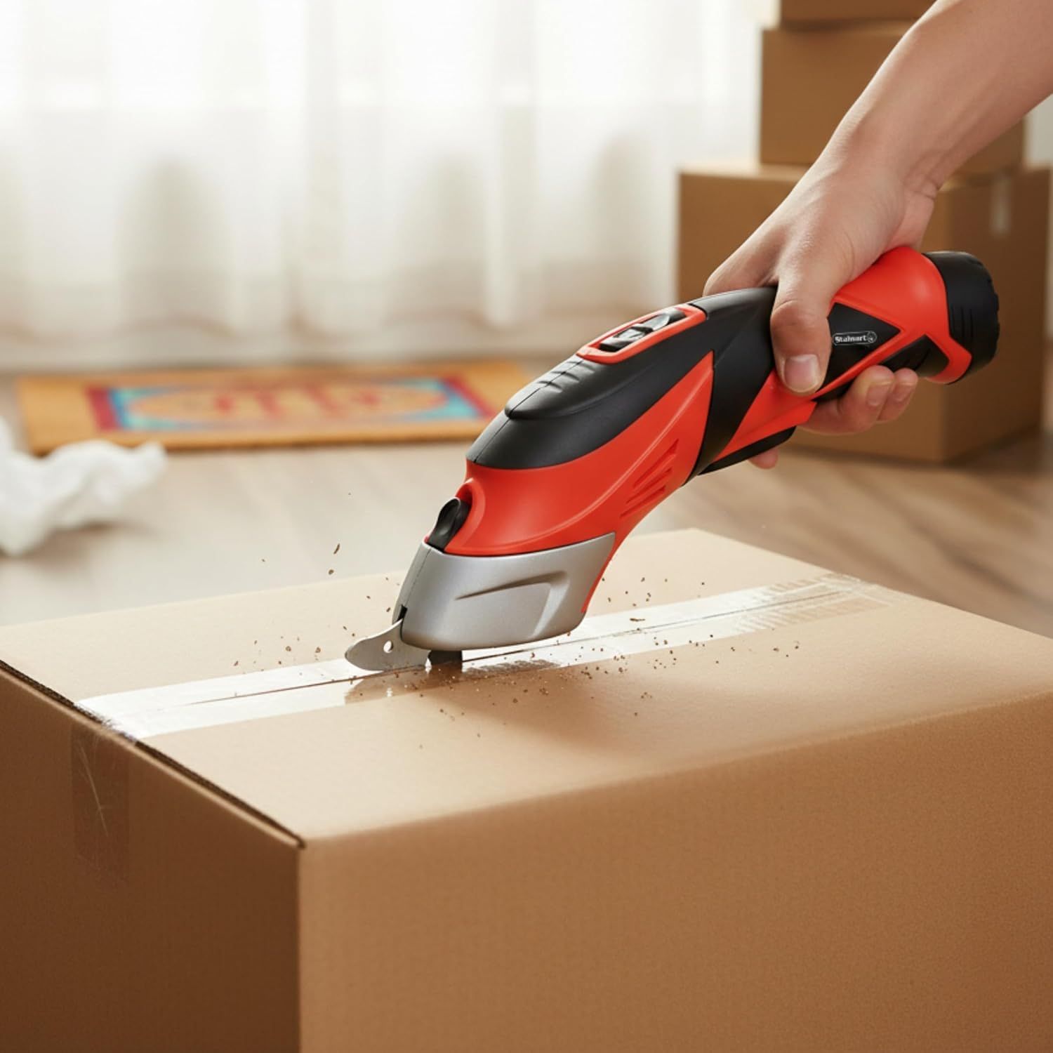 Shows the product being used in a real-world moving/packing context to help shoppers visualize how the cordless cutting tool works in everyday scenarios.