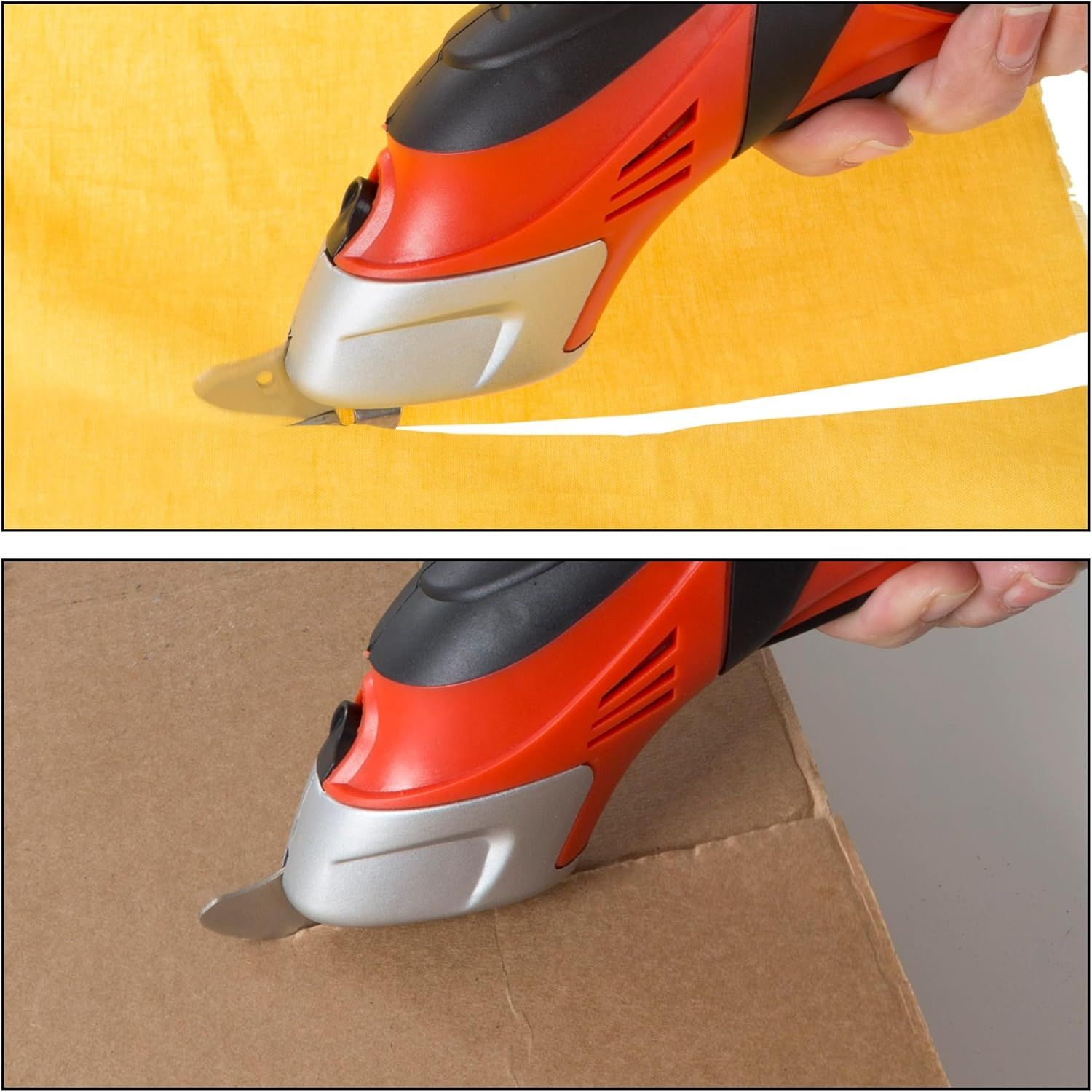 Demonstrates the product's versatility by showing it can cut through different materials (fabric and cardboard), reassuring shoppers it works for various…