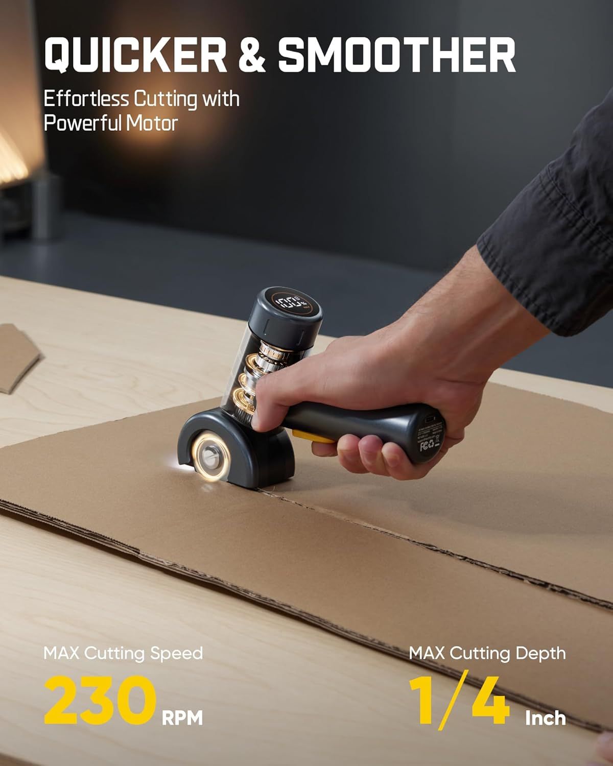 Communicates the product's performance capabilities with specific quantifiable stats (230 RPM cutting speed and 1/4 inch cutting depth) to demonstrate power…