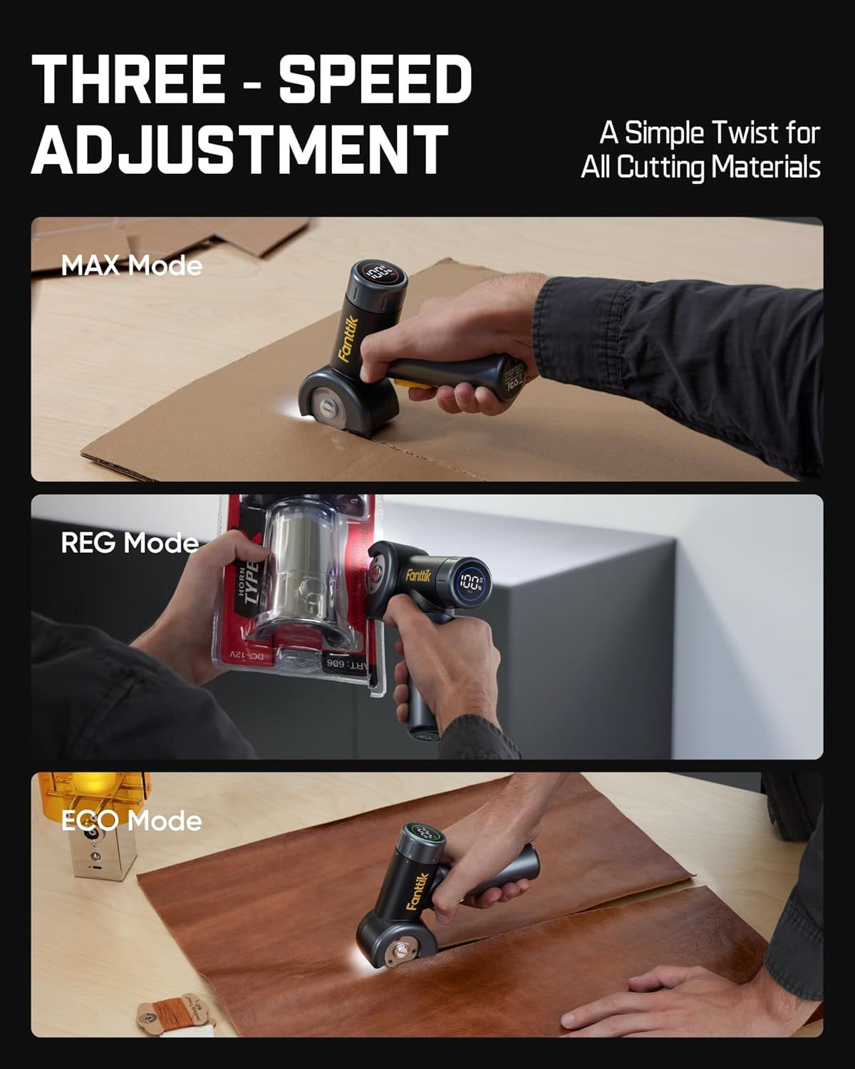 Demonstrates the product's versatility by showing three different speed modes (MAX, REG, ECO) for different cutting materials and applications, reassuring…