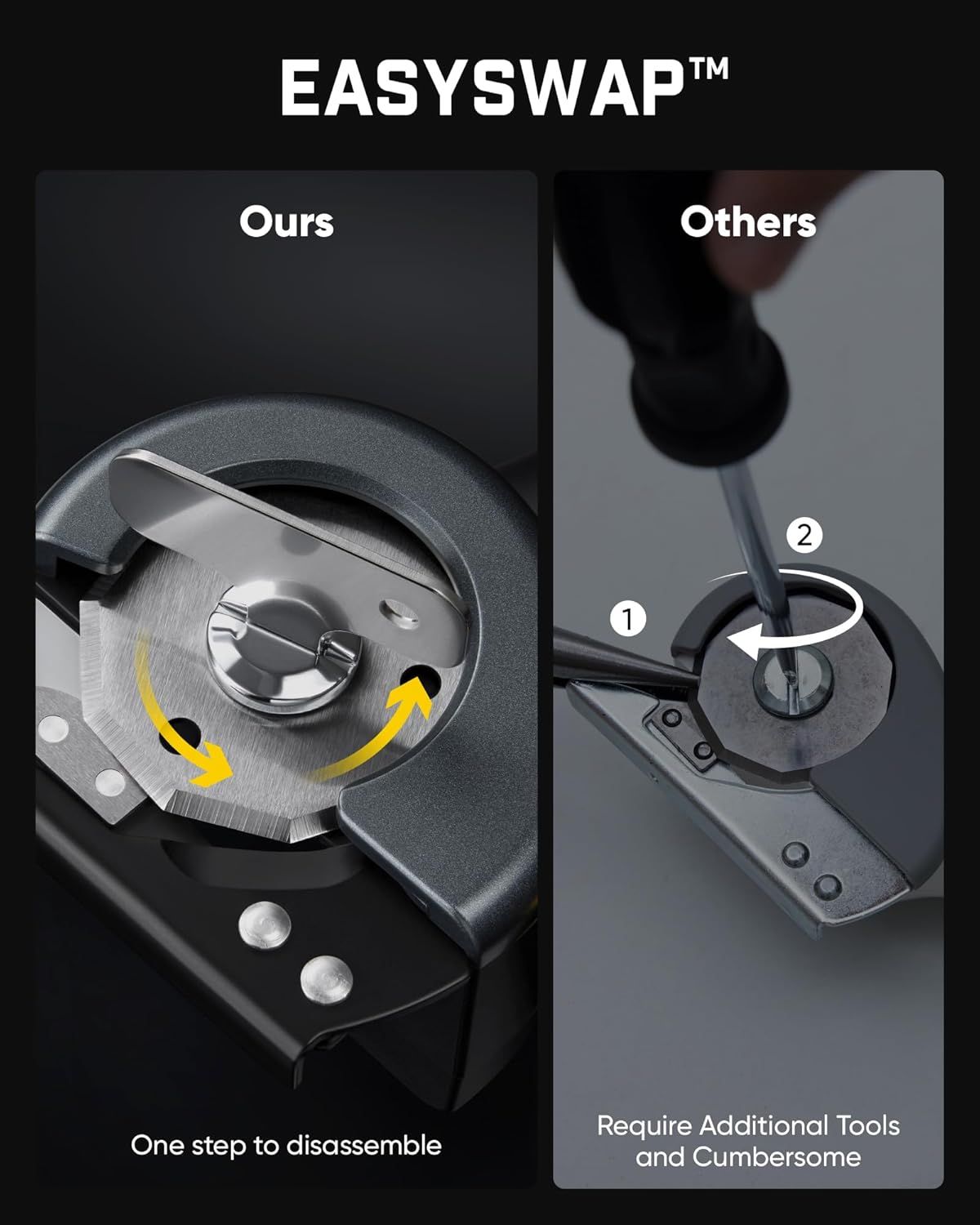 Demonstrates the product's superior ease of disassembly compared to competitors, showing that it requires only one simple step versus multiple tools and…