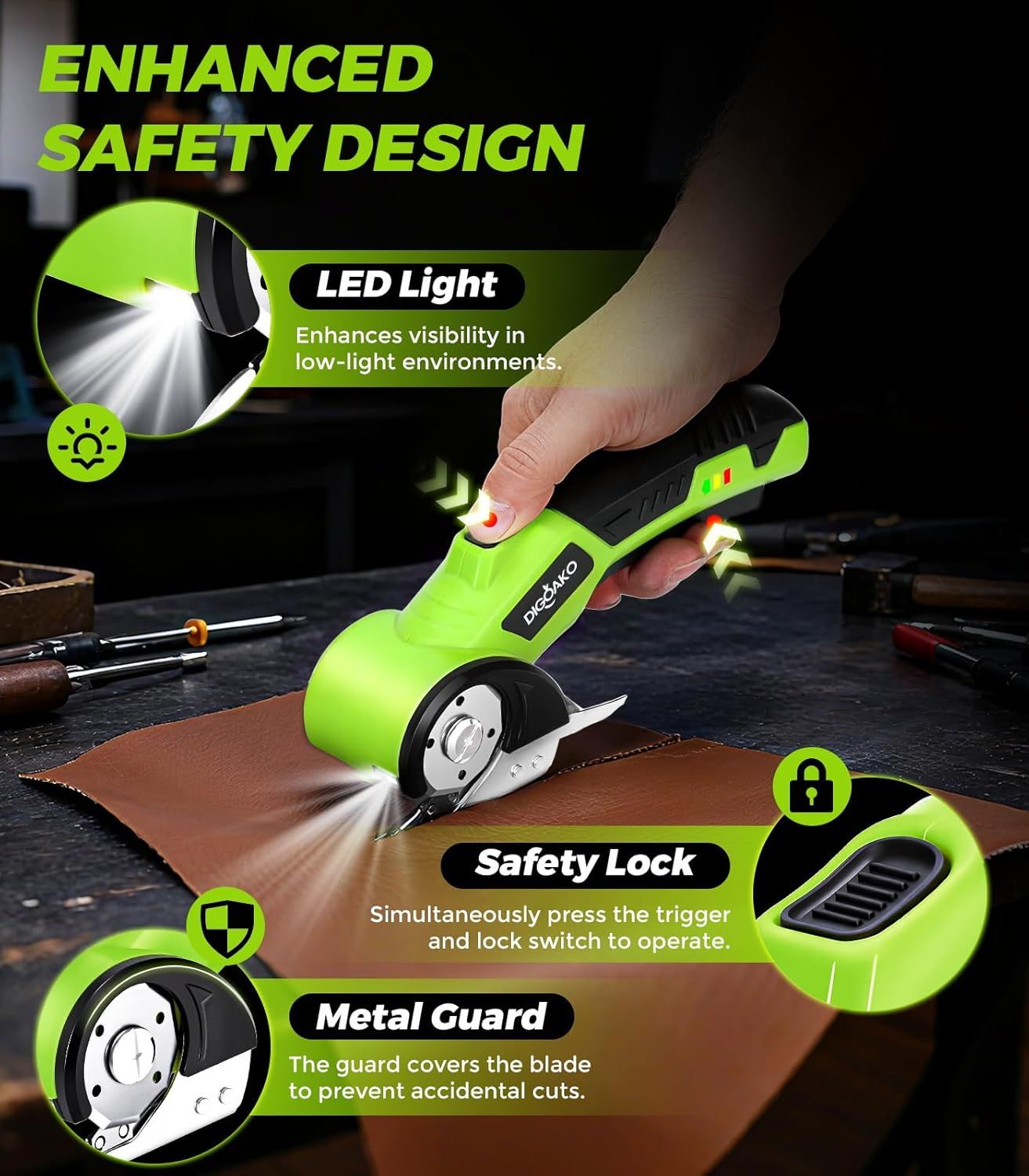 Highlights the product's three key safety features—LED light for visibility, safety lock mechanism, and metal blade guard—to reassure shoppers that this…