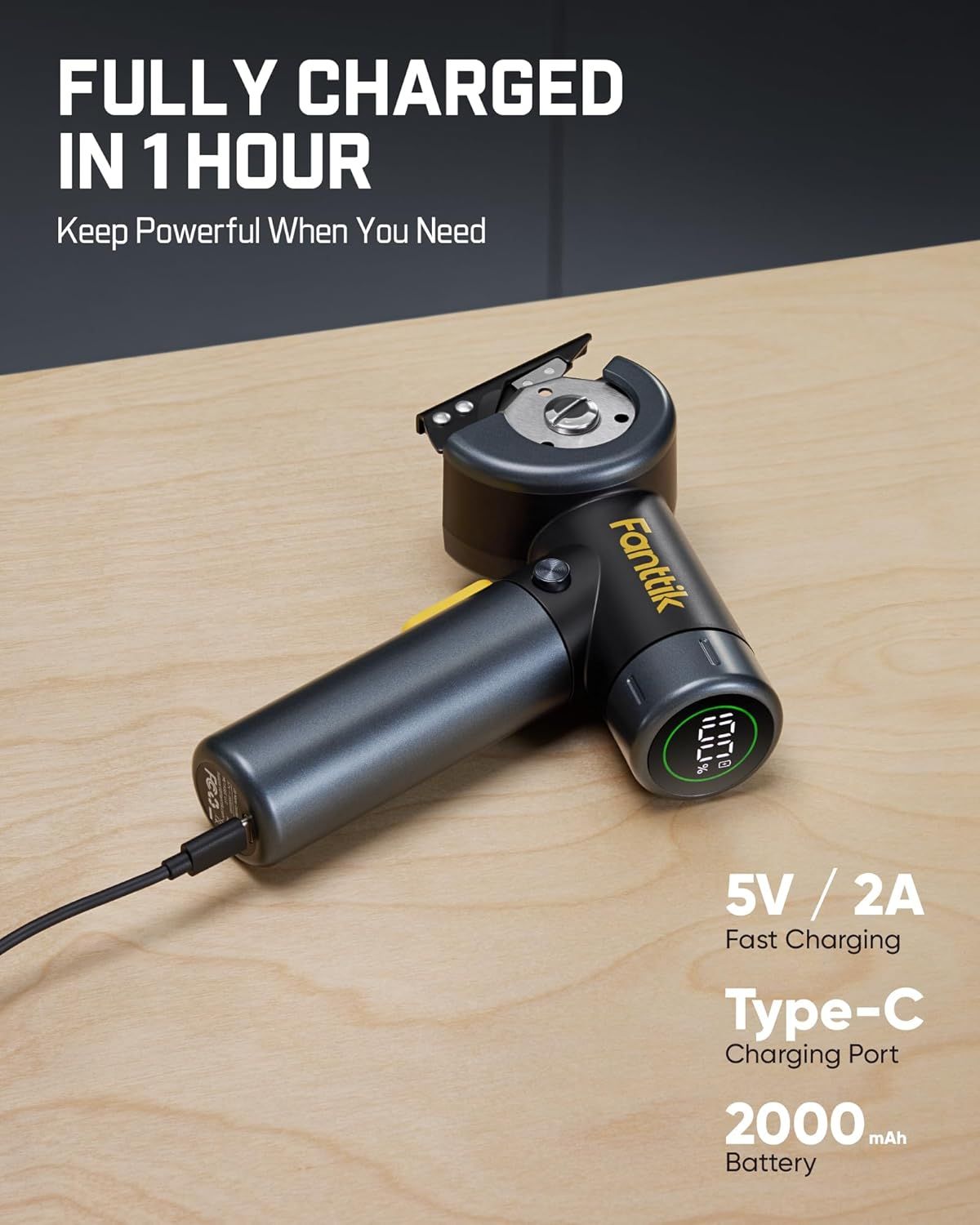 Communicates multiple key technical benefits of the power tool including fast 1-hour charging time, 5V/2A fast charging capability, Type-C charging port, and…