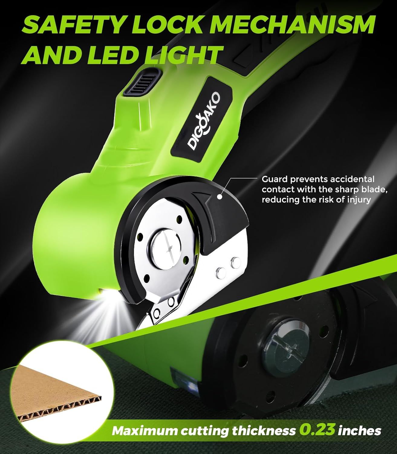 Highlights the safety features of the power tool, specifically the guard that prevents accidental contact with the blade and the LED light for visibility,…