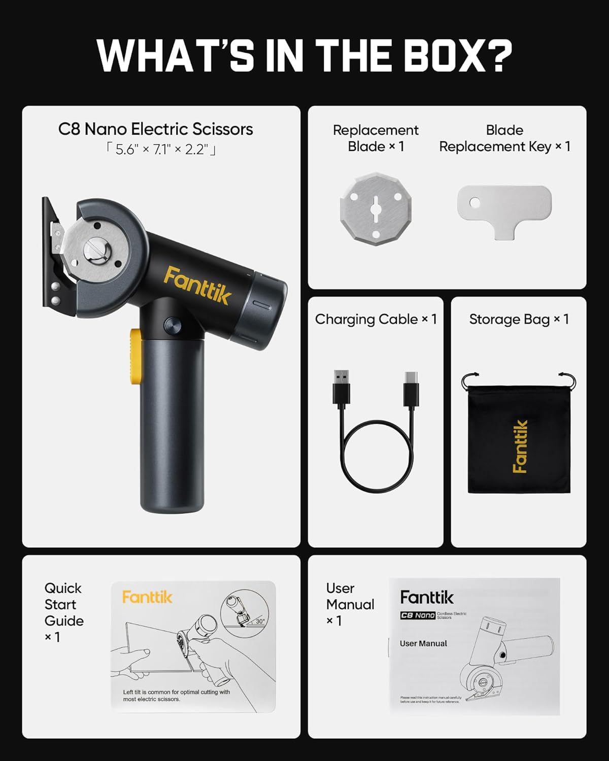 Shows the customer everything included in the package: the C8 Nano Electric Scissors, replacement blade, replacement key, charging cable, storage bag, quick start guide, and user manual to…