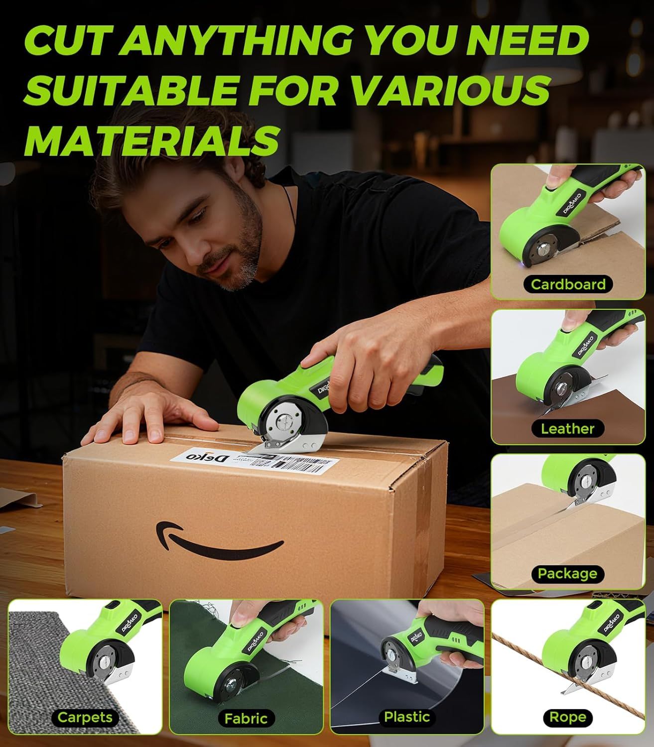 Demonstrates the rotary cutter's versatility by showing it can cut through seven different materials, reassuring shoppers that this is a multi-purpose tool…