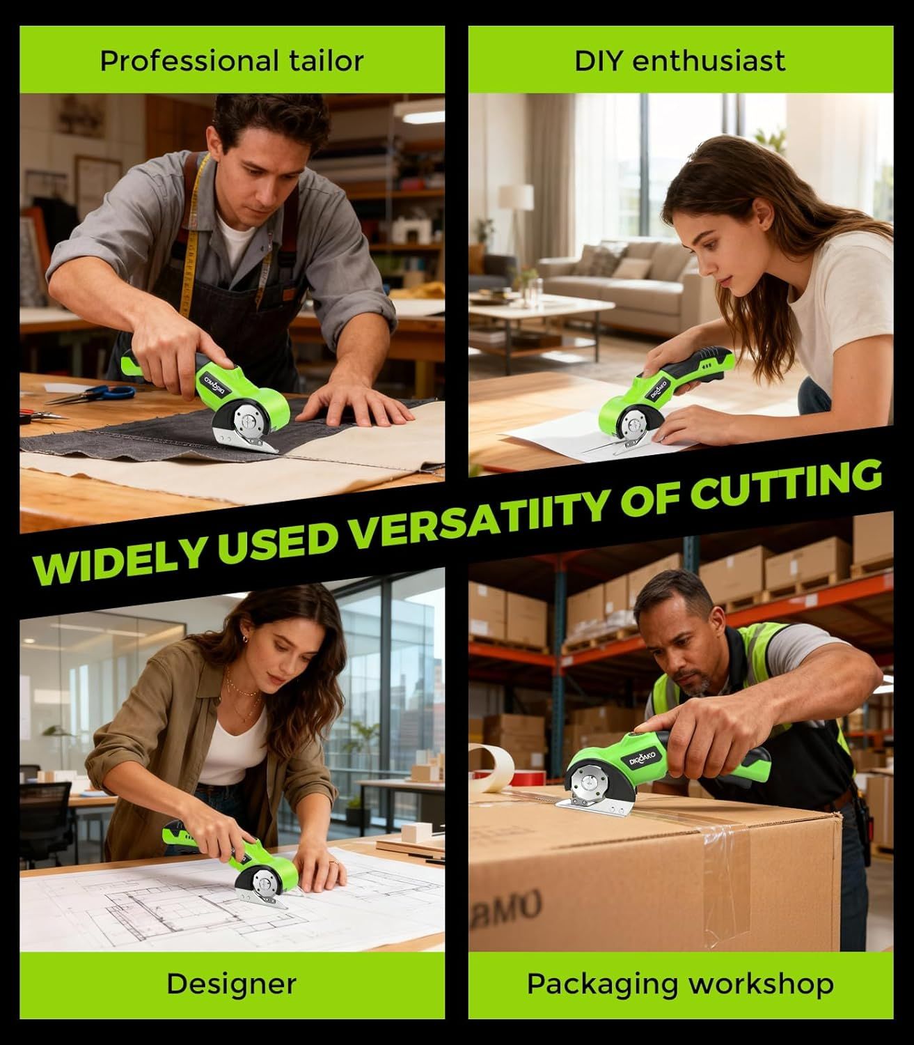 Demonstrates the product's versatility by showing it being used across four different professional and personal contexts (tailoring, DIY home projects, design…
