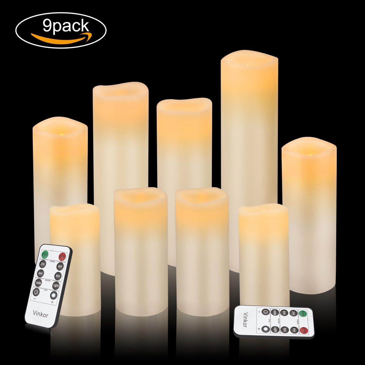 Shows the complete set of 9 LED candles in various sizes plus 2 remote controls that customers receive with their purchase, helping shoppers understand the…