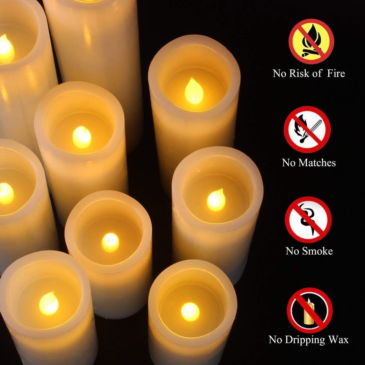 Communicates that these LED candles are safe to use without the hazards of real candles—no fire risk, no matches needed, no smoke, and no dripping wax—making…