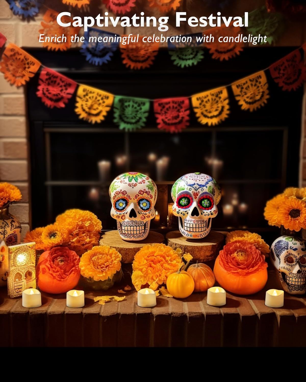 Positions the product as ideal for seasonal celebrations and cultural festivities, specifically Day of the Dead, by showing it styled in a festive holiday setting with traditional decorative…