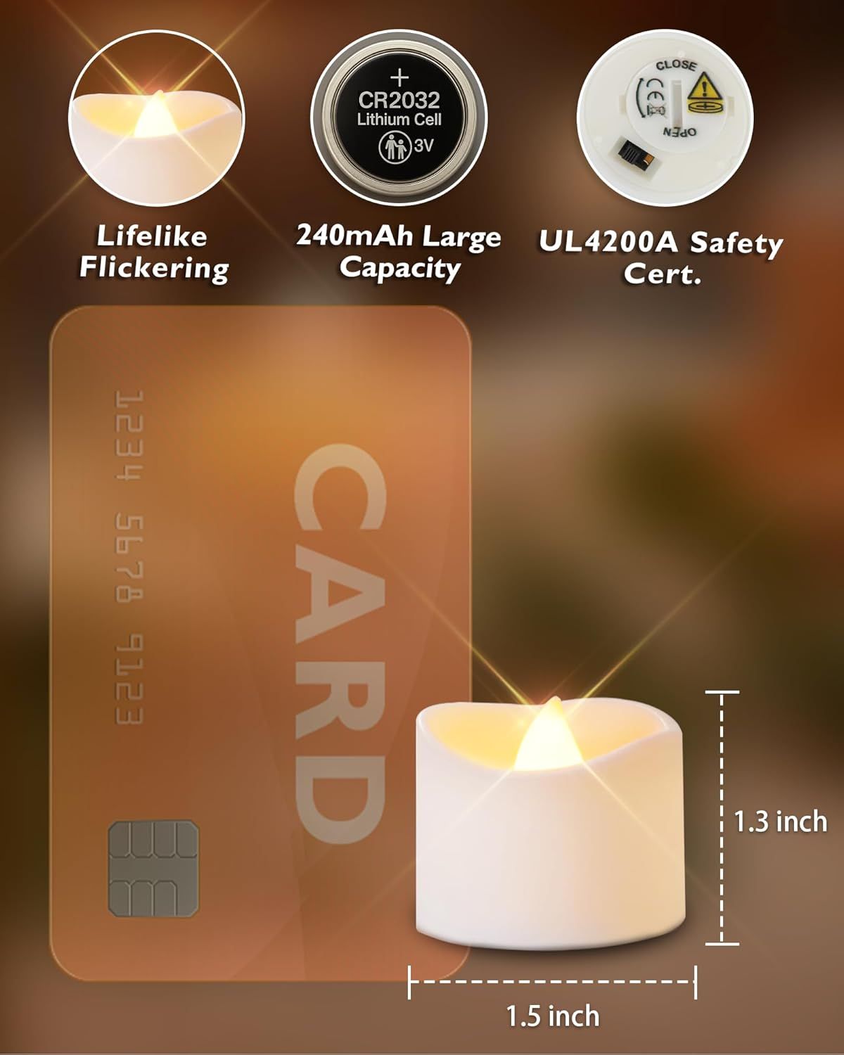 Communicates multiple key selling benefits of the LED candle including realistic flame effect, long-lasting battery, safety certification, and convenient…