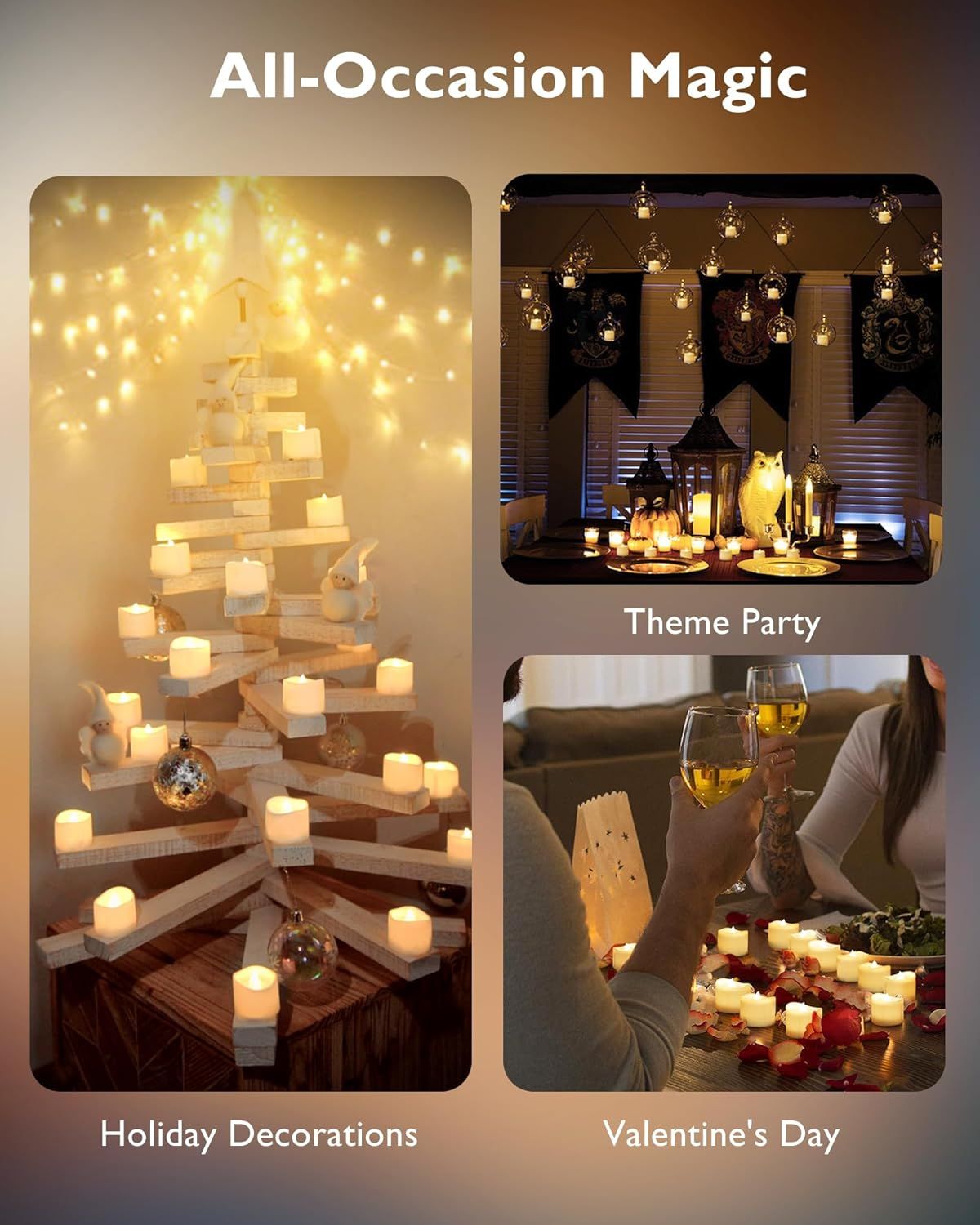 Demonstrates the versatility of the product (likely LED candles or string lights) by showing it used in multiple occasions and settings—holiday decor, themed…