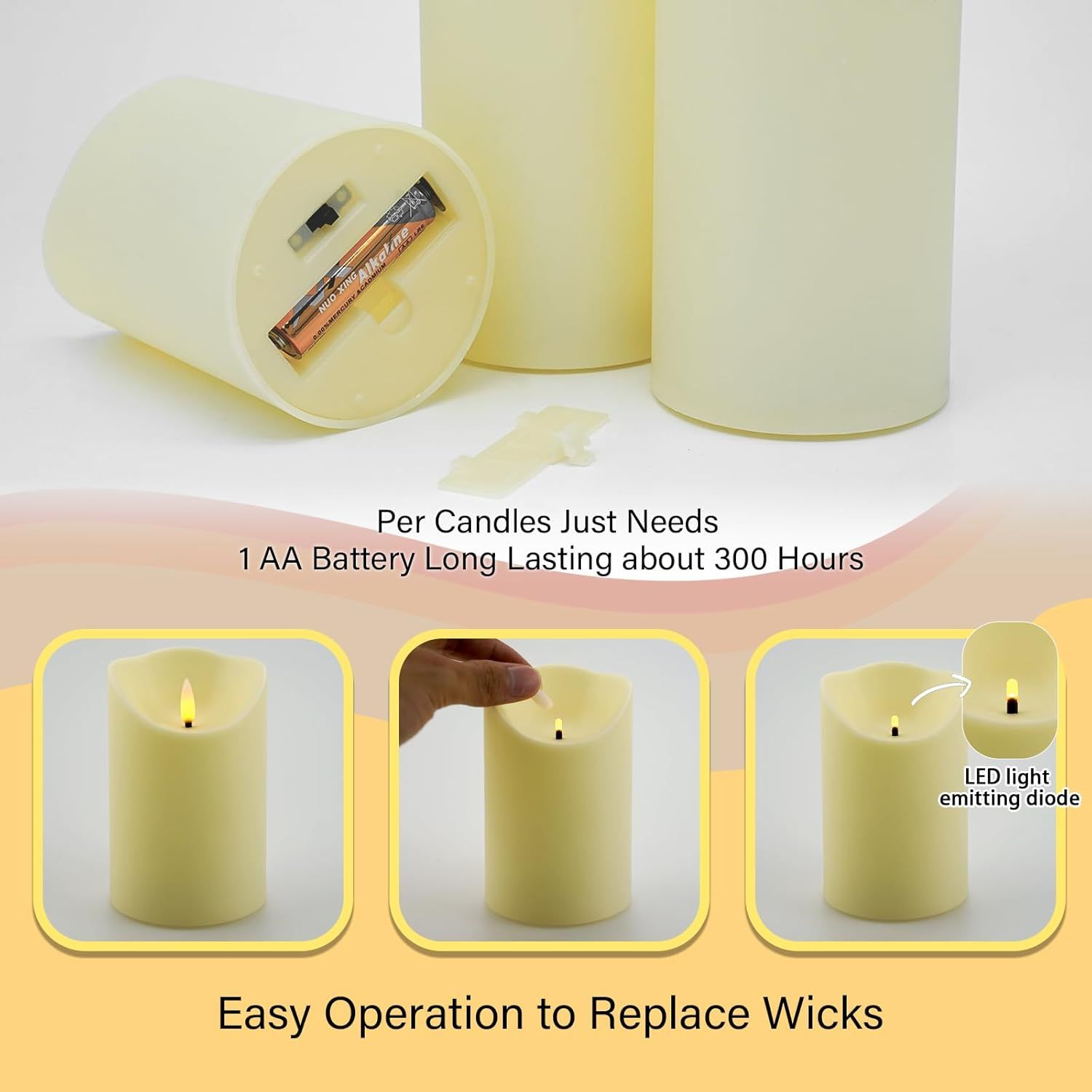 Communicates multiple key benefits of the LED candle: 300-hour battery life with just one AA battery, simple wick replacement process, and LED light-emitting…