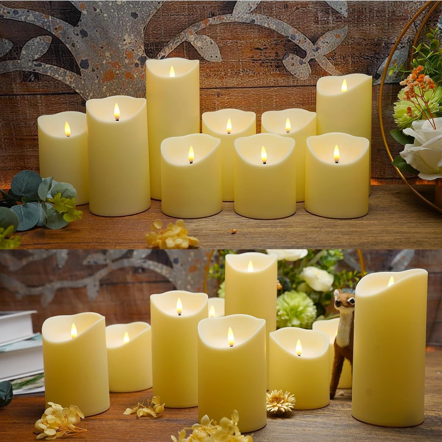 Showcases the candles in a real-world home setting with decorative elements to help shoppers visualize how the product creates ambiance and fits into their…
