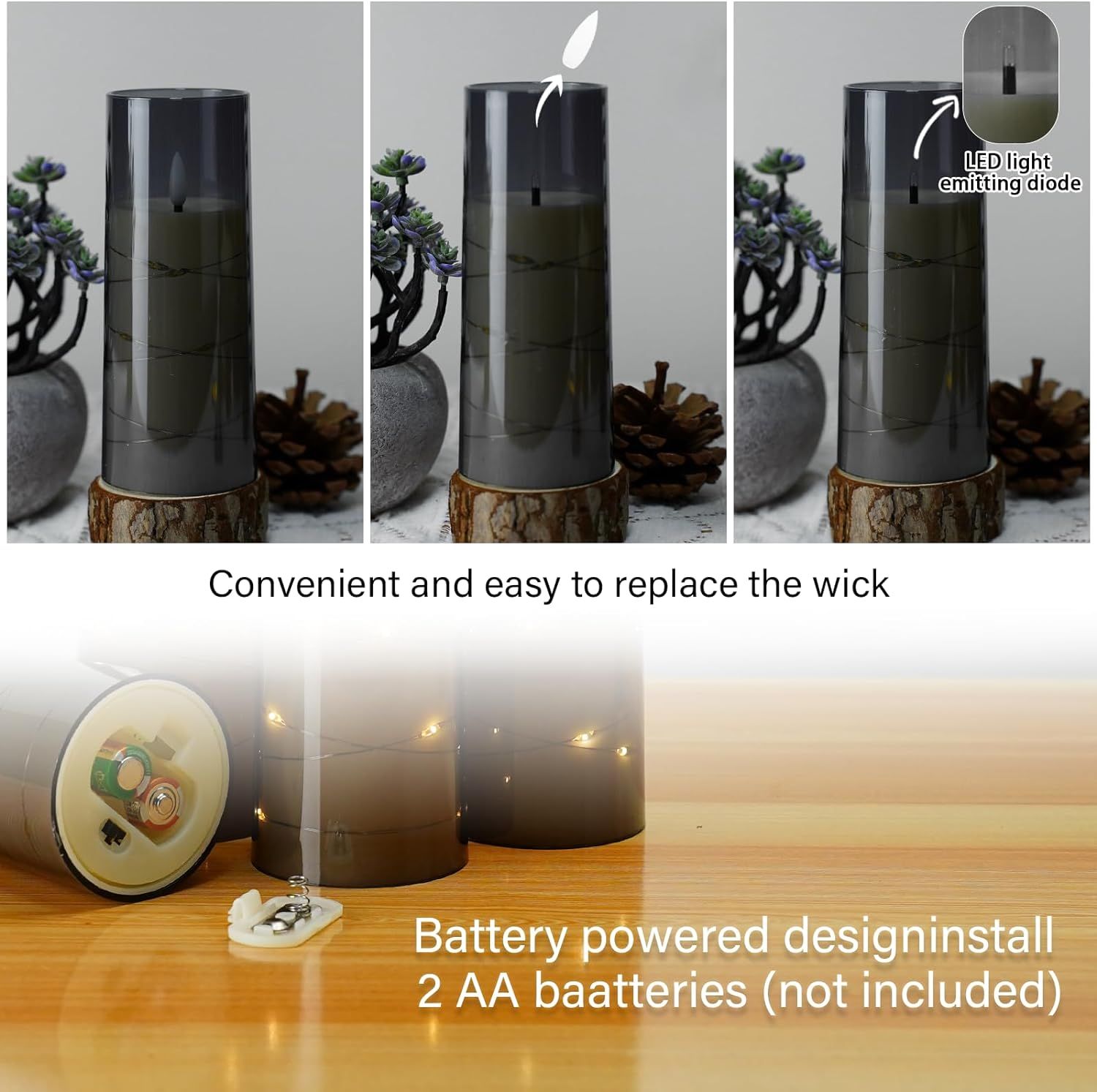 Demonstrates how the LED candle works by showing the step-by-step process of replacing the wick and how the LED light-emitting diode creates the flame effect,…