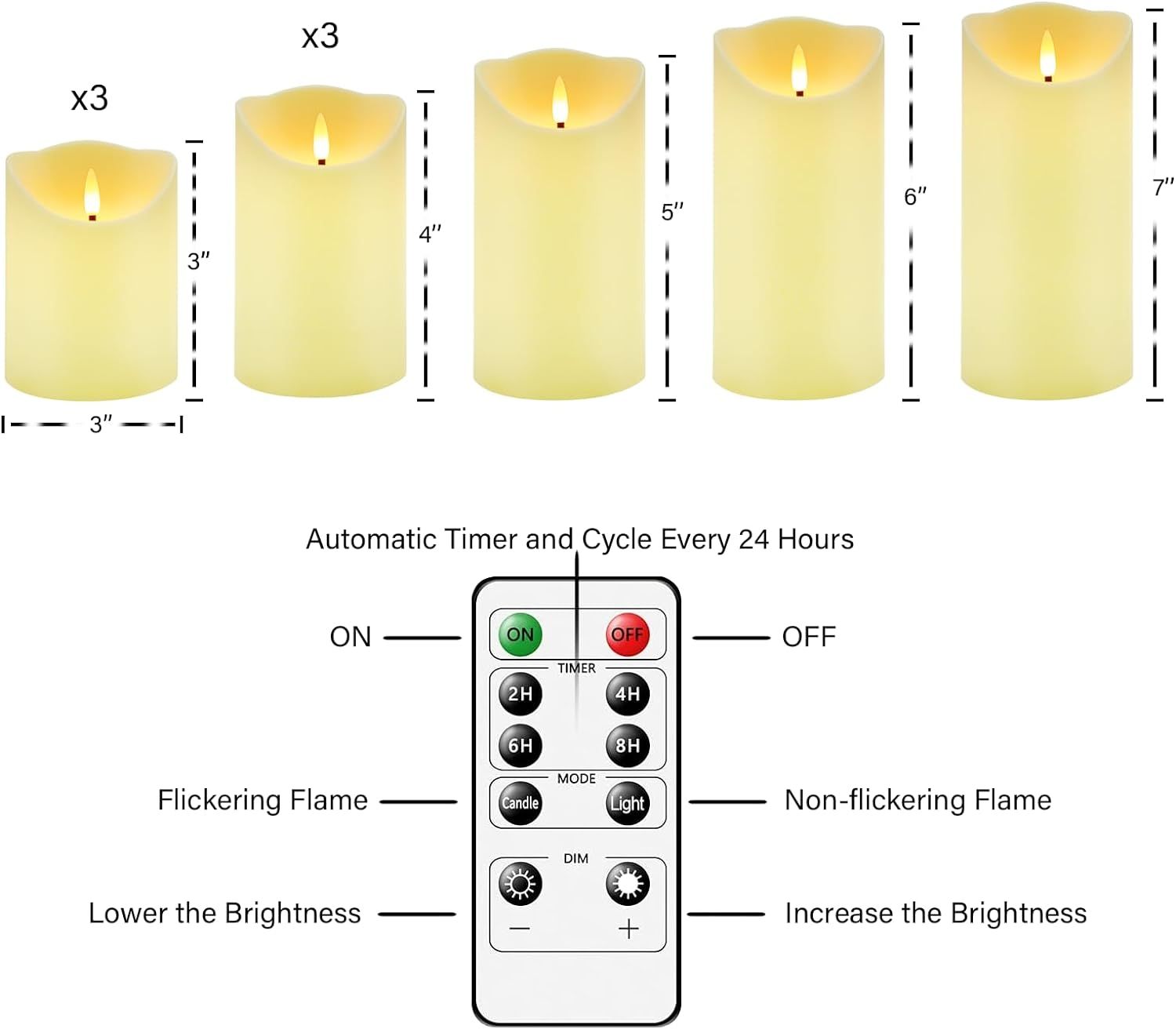 Shows the available size options for the candles with exact height measurements, helping shoppers choose the right size for their needs. Demonstrates the…
