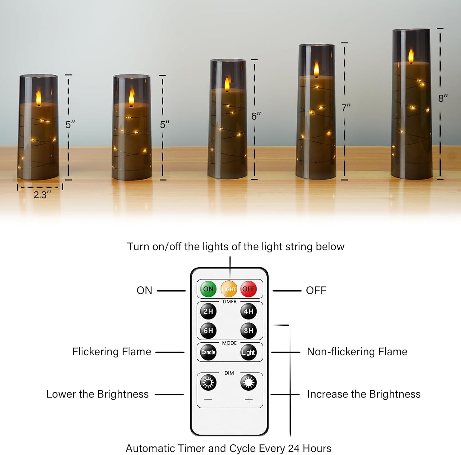 Shows the five available size options with exact height measurements (5, 5, 6, 7, and 8 inches) and consistent diameter (2.3 inches) to help shoppers choose…