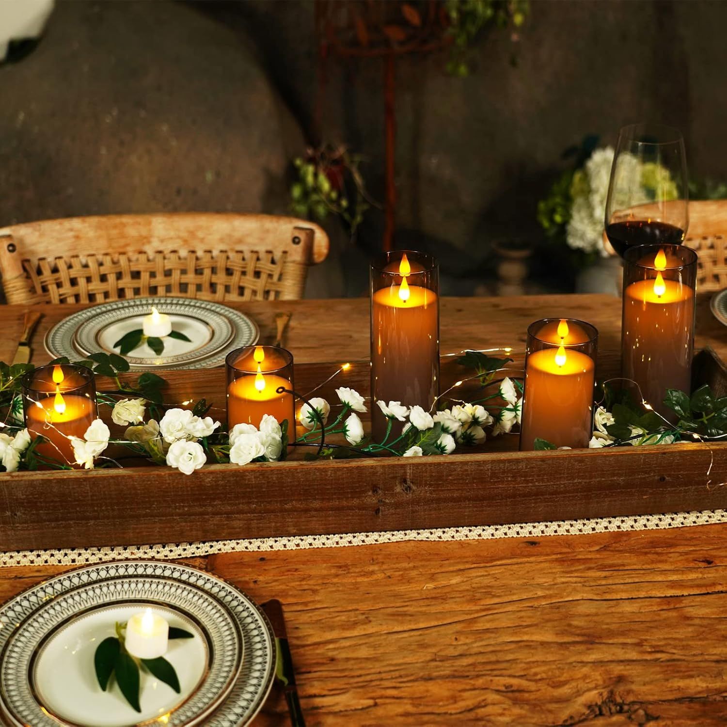 Showcases the candles in a real-world dining context to help shoppers visualize how the product creates ambiance and enhances home entertaining experiences.