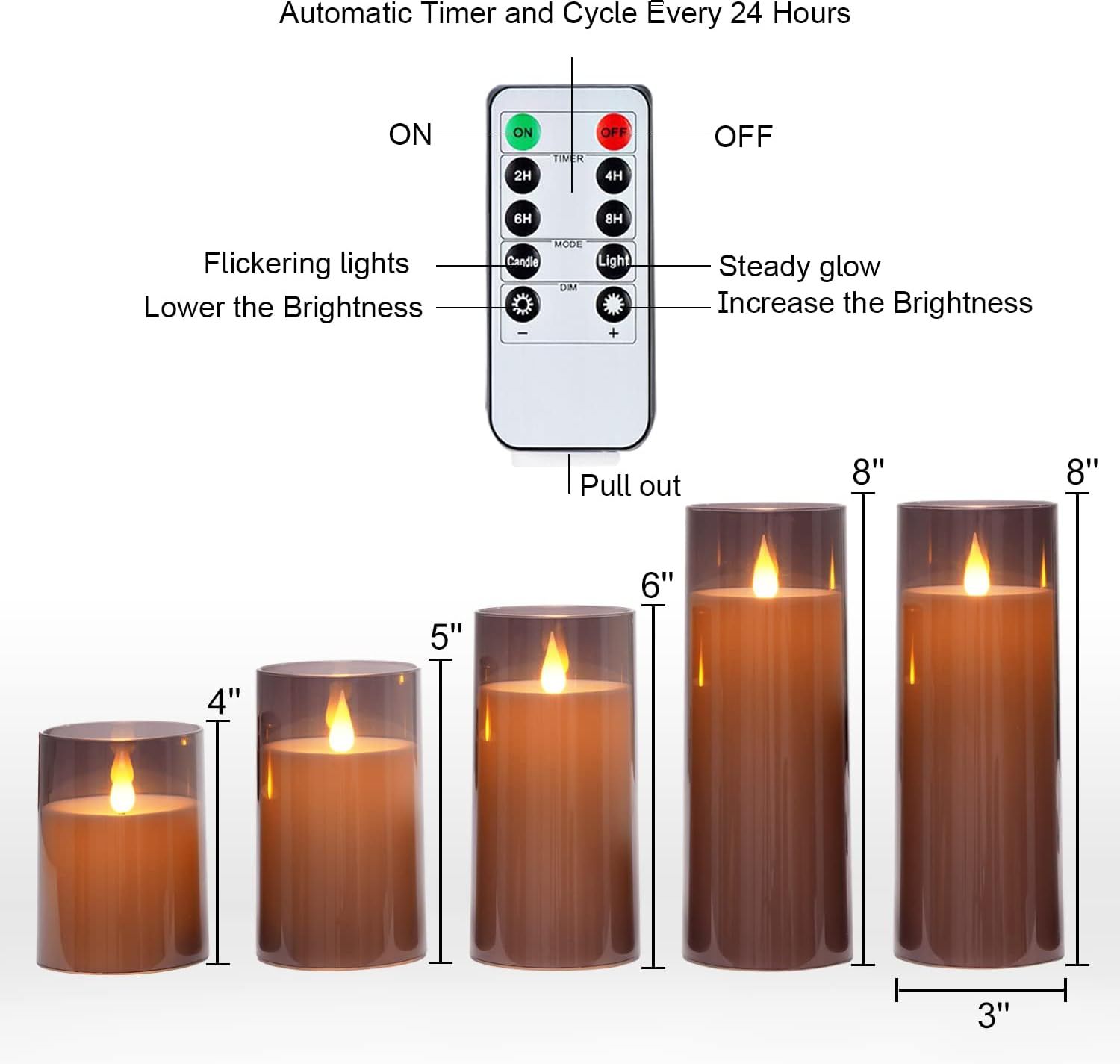 Shows the available size options (4", 5", 6", 8" heights) and diameter (3") to help shoppers choose the right candle size for their needs. Explains how to…