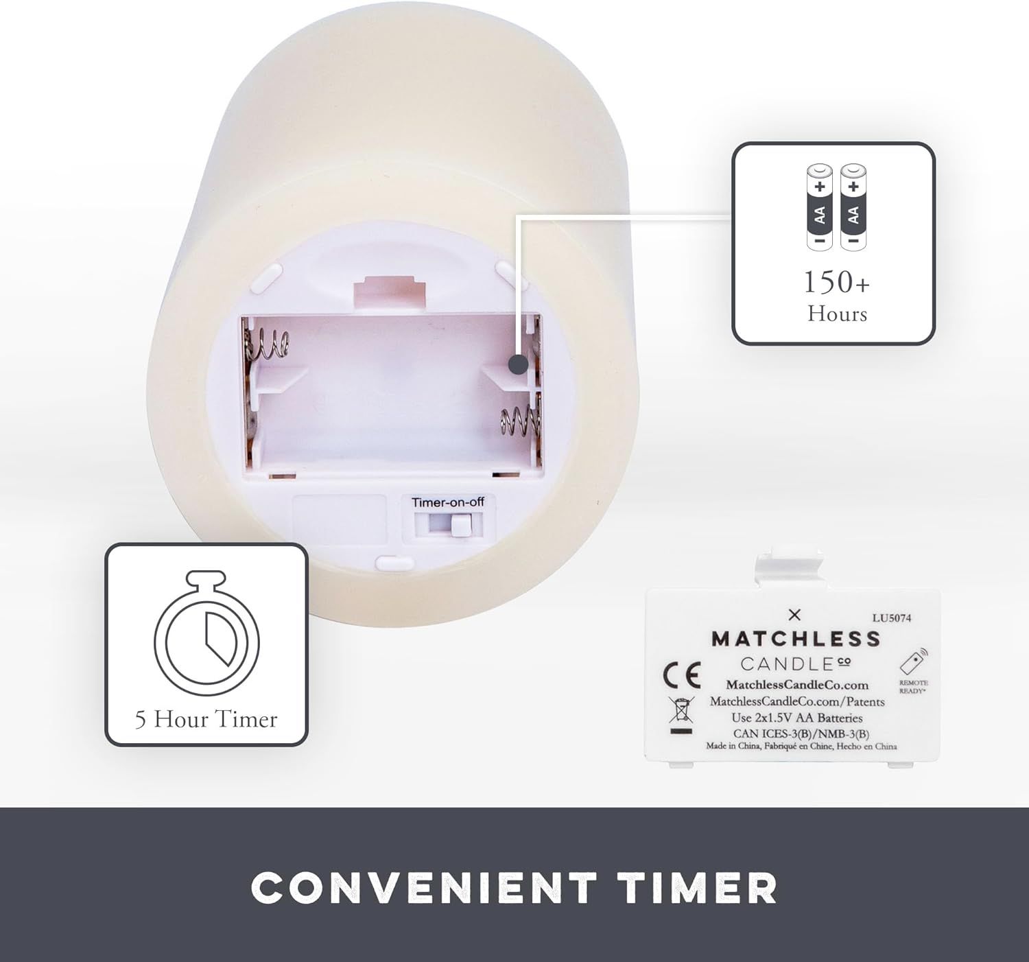 Highlights multiple key features of the candle product: the convenient 5-hour timer function and the long 150+ hour battery life, reassuring shoppers of both…