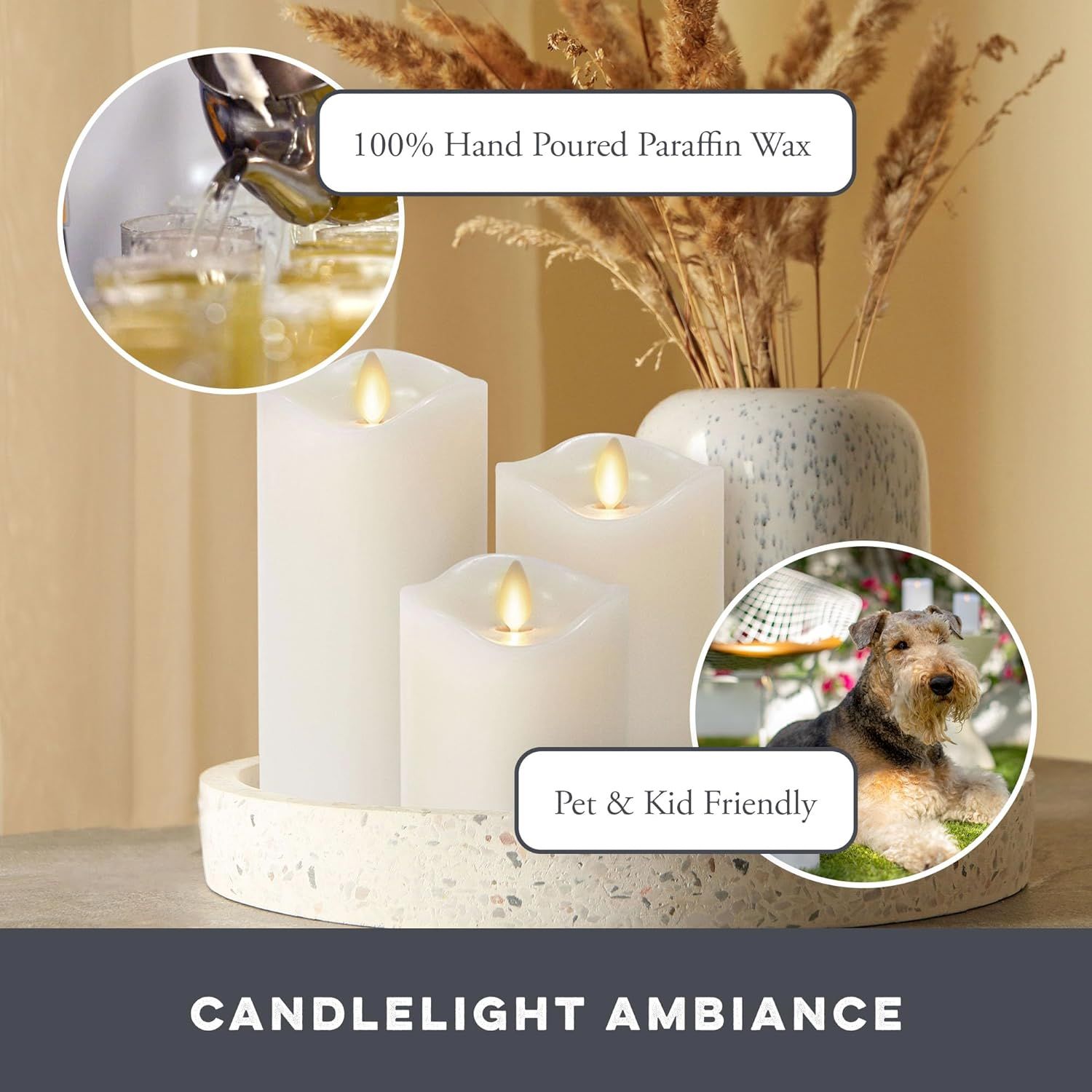 Communicates multiple key product benefits including the premium hand-poured paraffin wax composition and safety for families with pets and children,…
